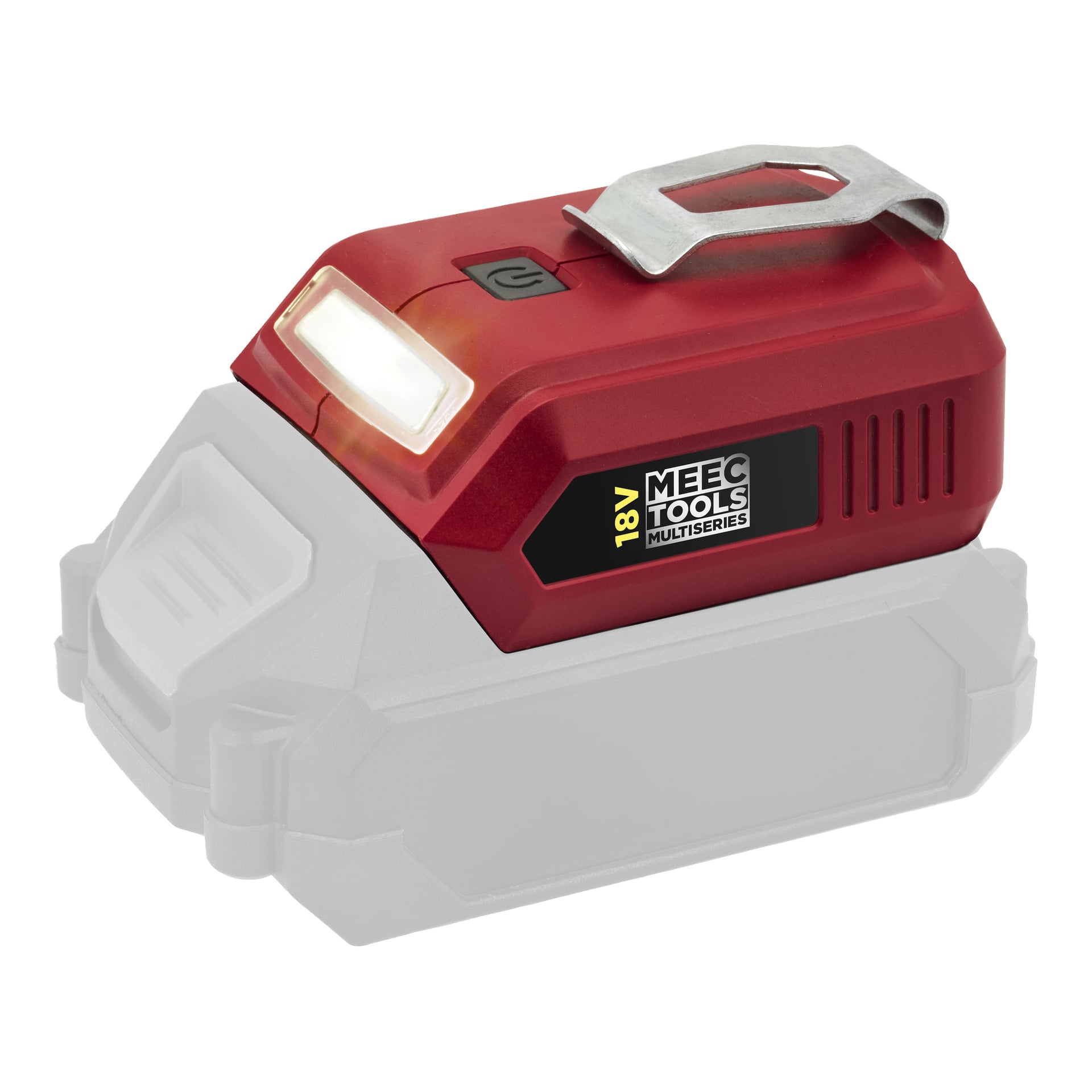 En röd Meec Tools Multiseries USB-batteriadapter, modell CH-18V EASY 130, med en metallklämma på toppen och ansluten till en delvis synlig grå batteribas.