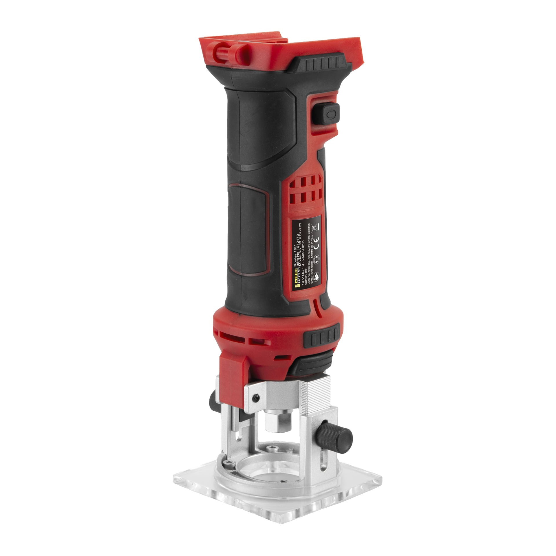 Ręczna frezarka Meec Tools Multiseries ML-18V HOME 500 posiada czerwono-czarną plastikową obudowę, solidną metalową podstawę oraz kilka pokręteł regulacyjnych. Narzędzie jest ustawione pionowo.