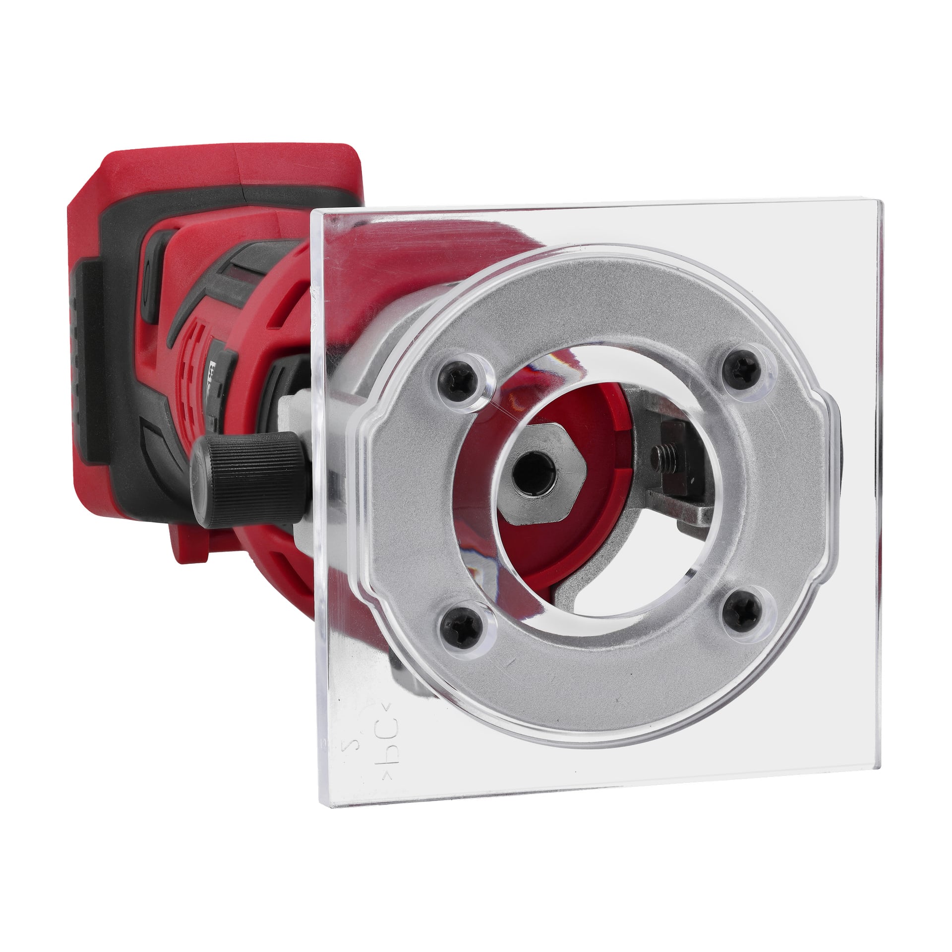 Z przodu prezentowana jest ręczna frezarka Meec Tools Multiseries ML-18V HOME 500, podkreślając jej czerwono-czarną obudowę oraz przezroczystą plastikową podstawę, która odsłania obszar wiertnika i widoczne śruby montażowe.
