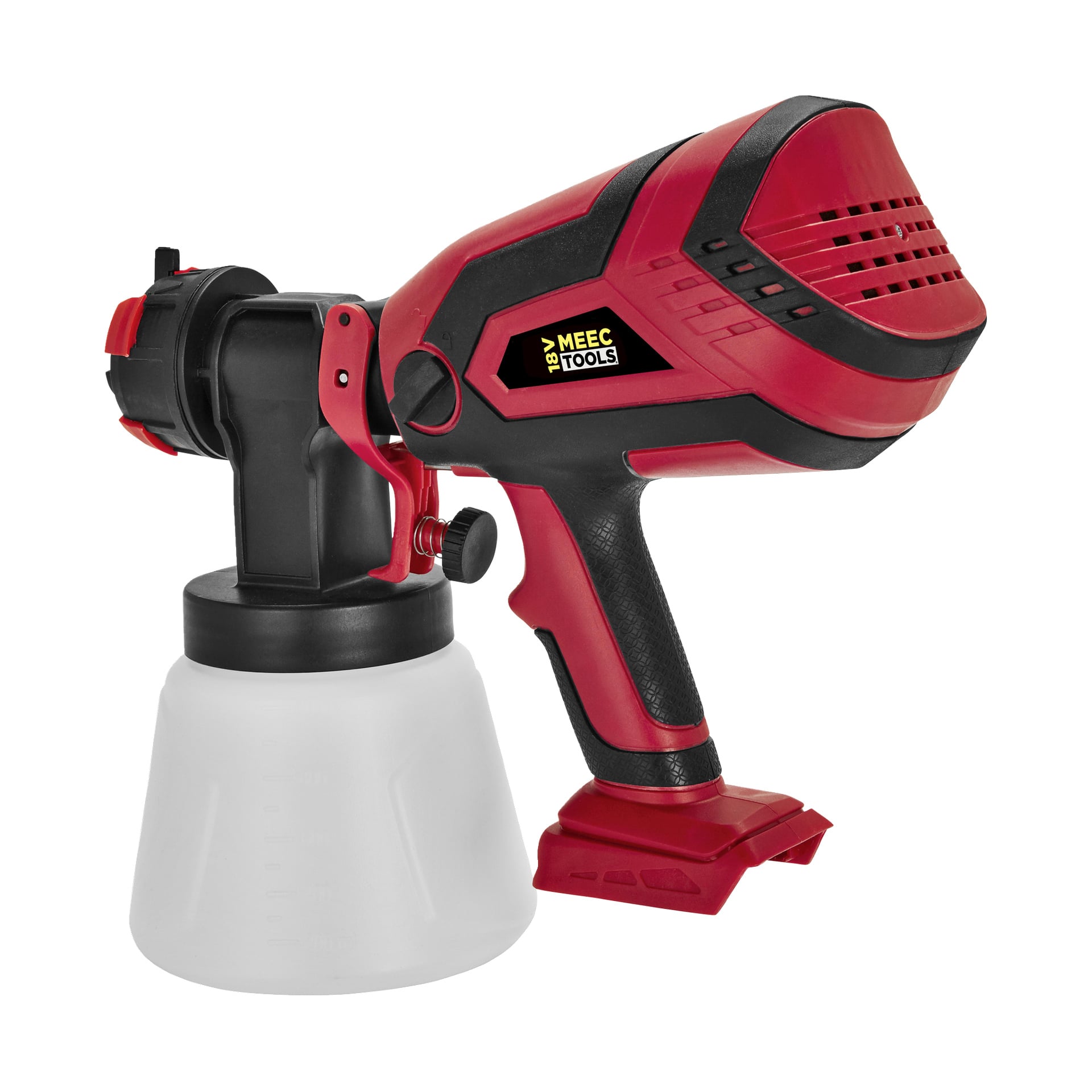 Spryskiwacz do farb PG-18V HOME 500 od Meec Tools Multiseries posiada czerwono-ręczny design, biały odłączany pojemnik na farbę oraz na boku widnieje logo Meec Tools.