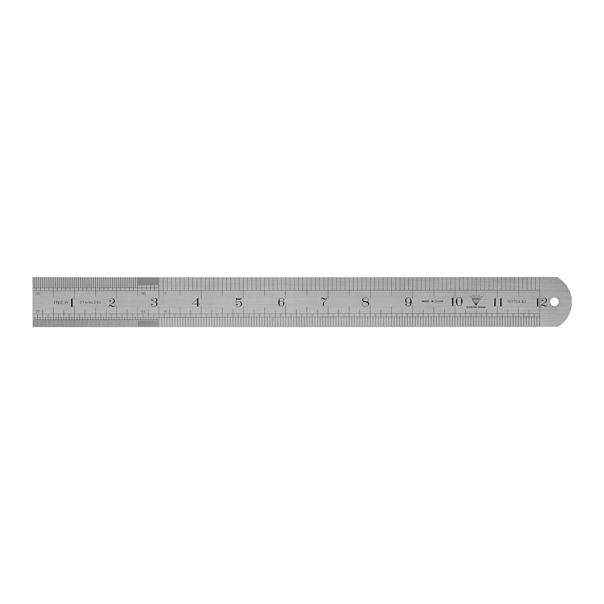 En metall Meec Tools Ruler visar både metriska och imperiala mått, med centimeter markerade längs nedre kanten och tum längs övre kanten, numrerade upp till 30 cm och 12 tum.