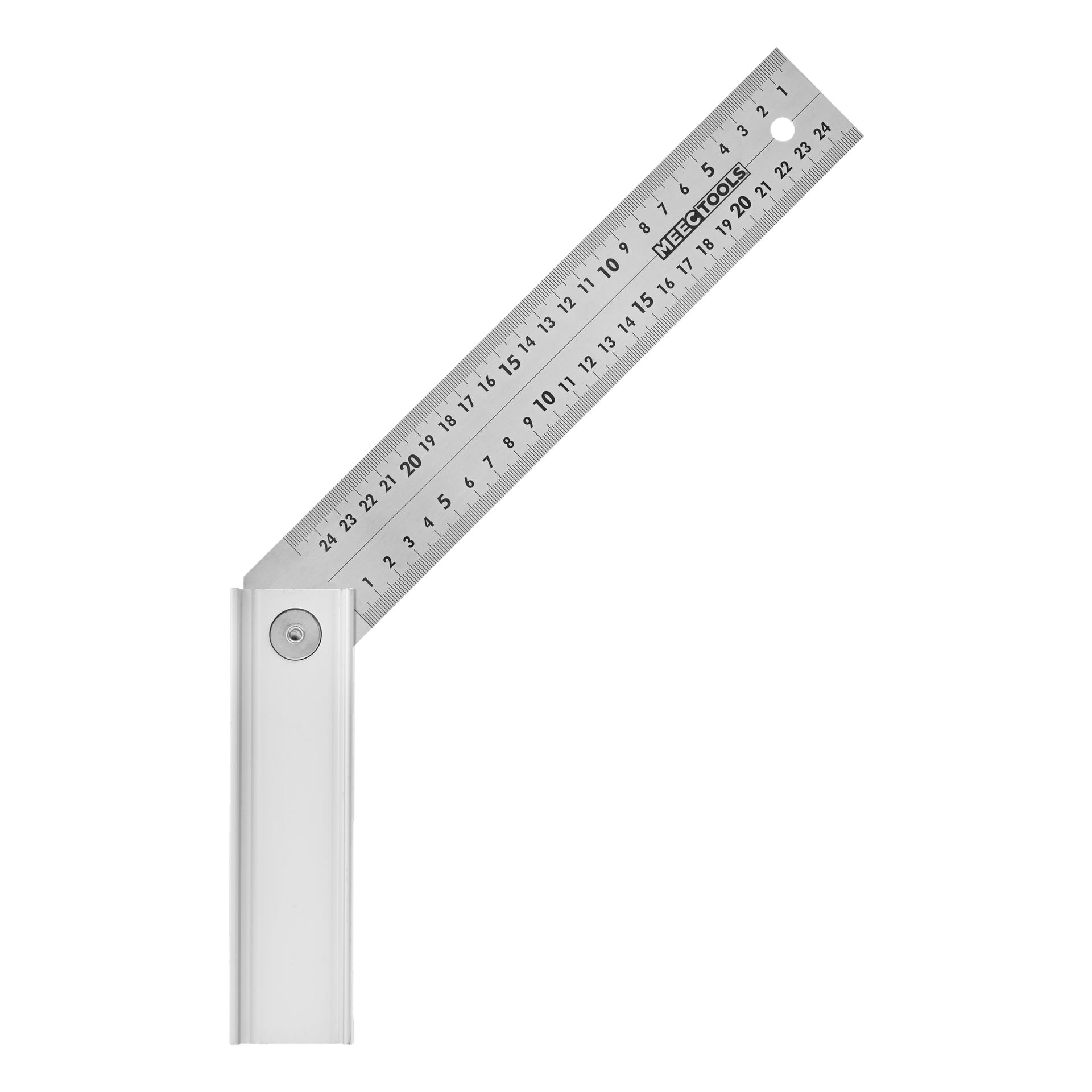 En Meec Tools Set Square med en rostfri stållinjal markerad i centimeter från 0 till 24, kopplad till en vit bas vid en vridpunkt, vilket bildar en öppen vinkel.