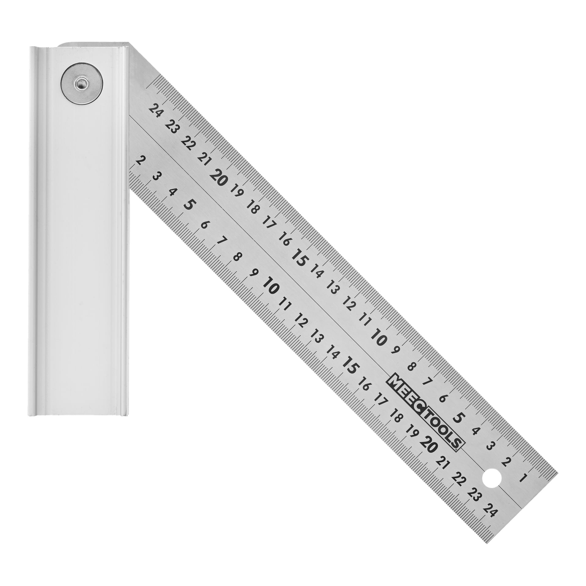 Ett Meec Tools Set Square med en silverlinjal i metall som visar centimeter- och millimetermarkeringar, kopplad till en robust vinkelrät metallbas, designad för exakt mätning och rätvinklig markering vid bygg- eller träarbete.