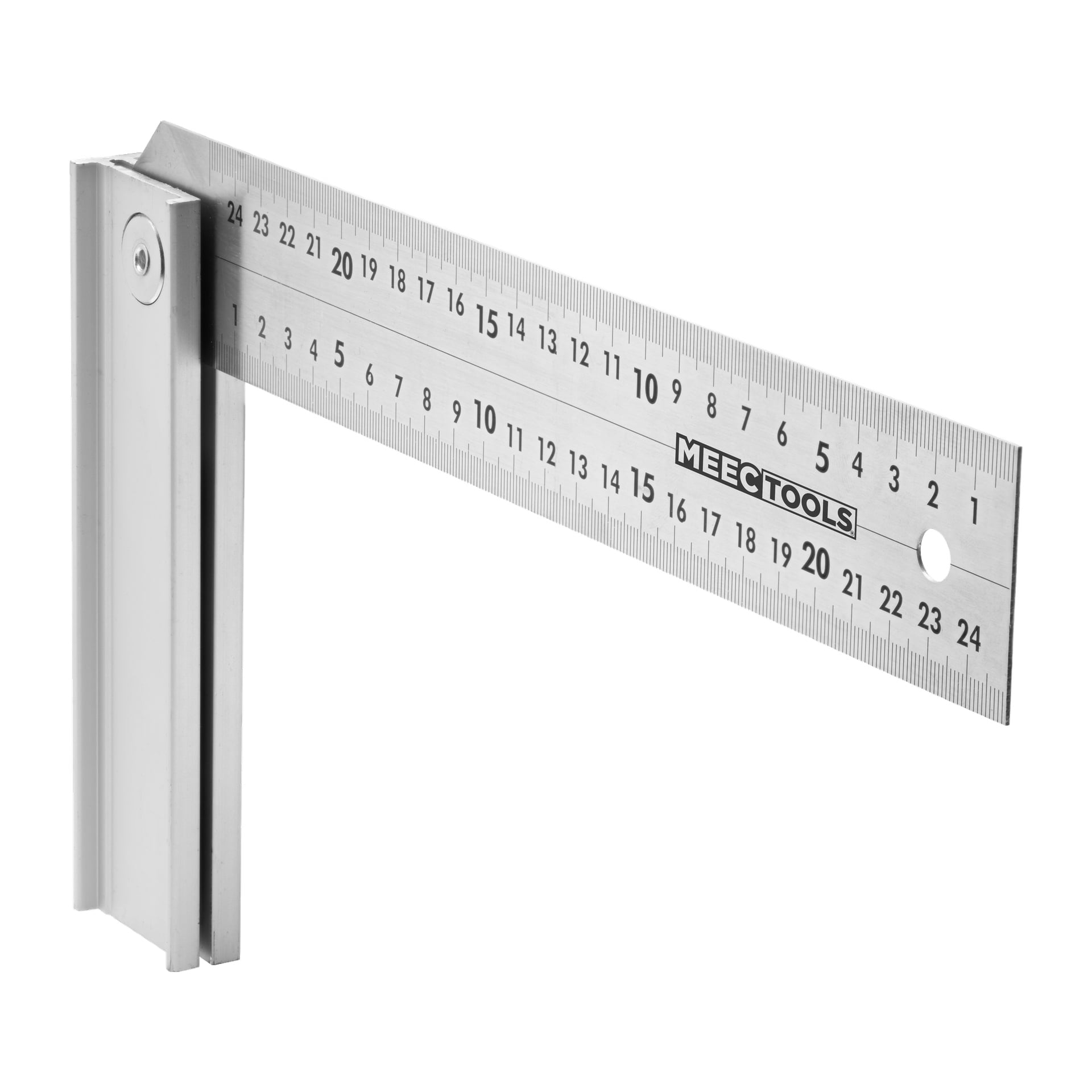 En metallsats från Meec Tools, märkt med mått i centimeter och millimeter från 0 till 25, visas i rät vinkel med varumärket synligt på ytan.