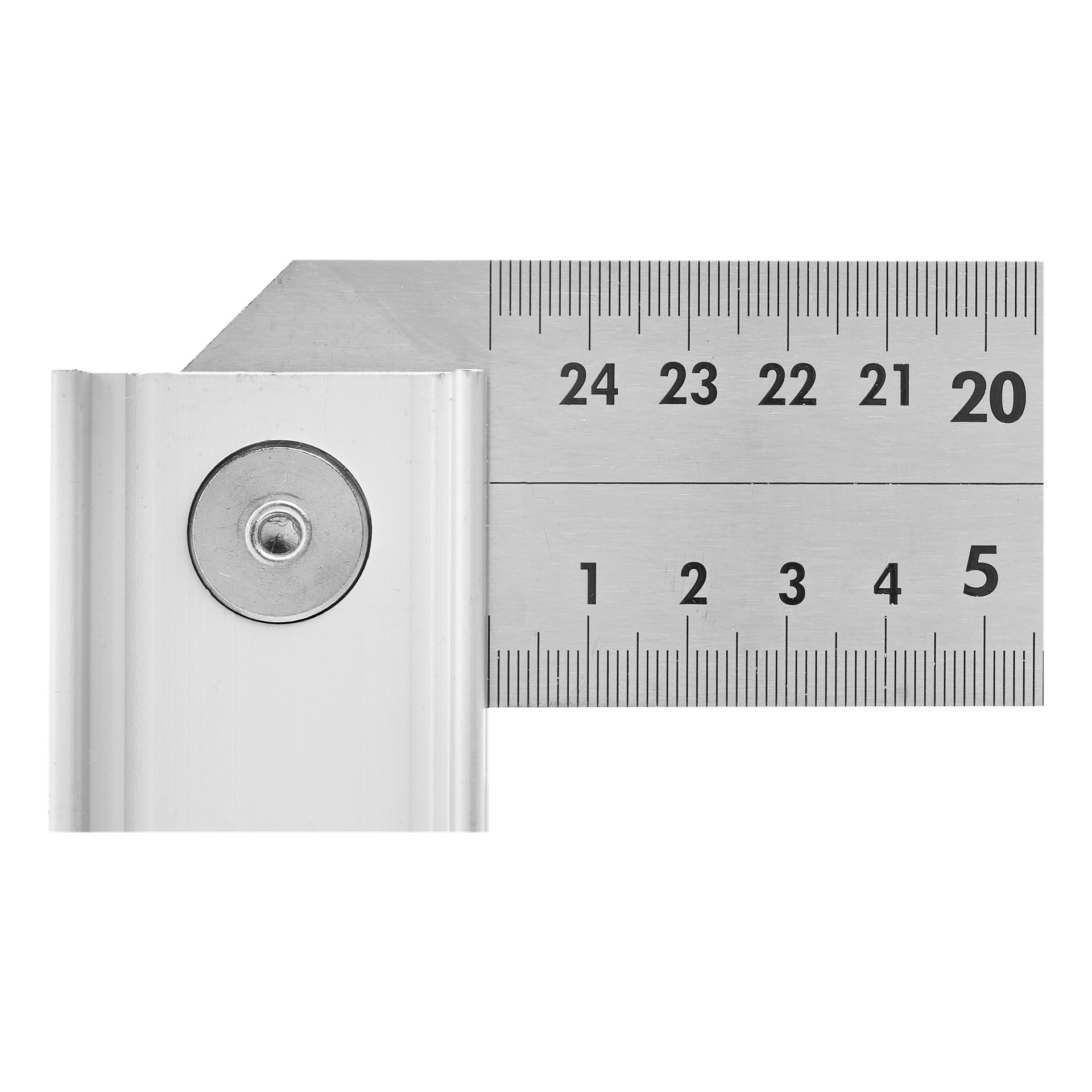 En närbild av Meec Tools Set-kvadraten, med metriska och imperiala mått med siffror och en tydligt synlig vridpunkt.