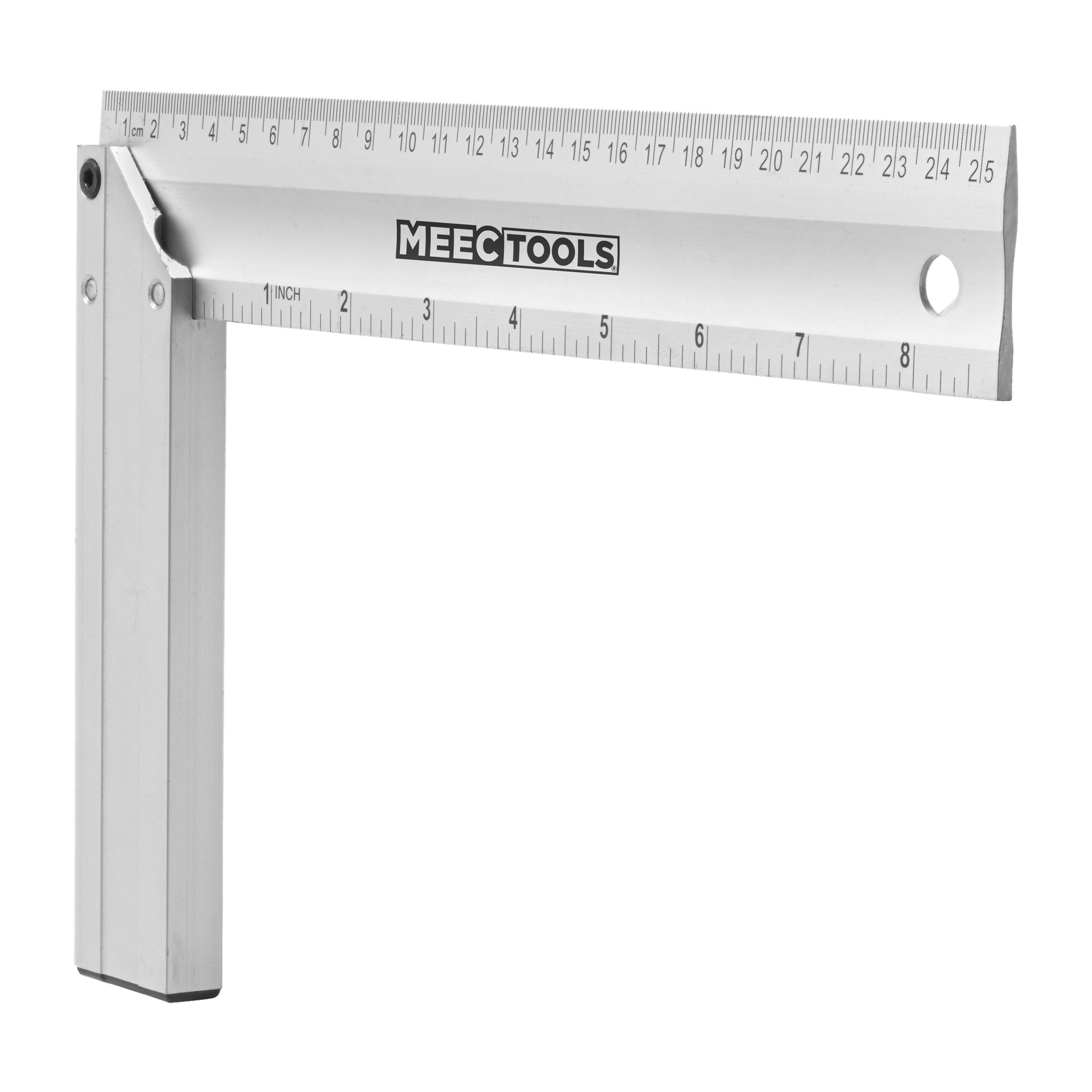 En silverfärgad Meec Tools är fyrkantig med en linjal som visar både centimeter- och tummått, och används för noggrann mätning och markering av räta vinklar vid trä- eller metallarbete.