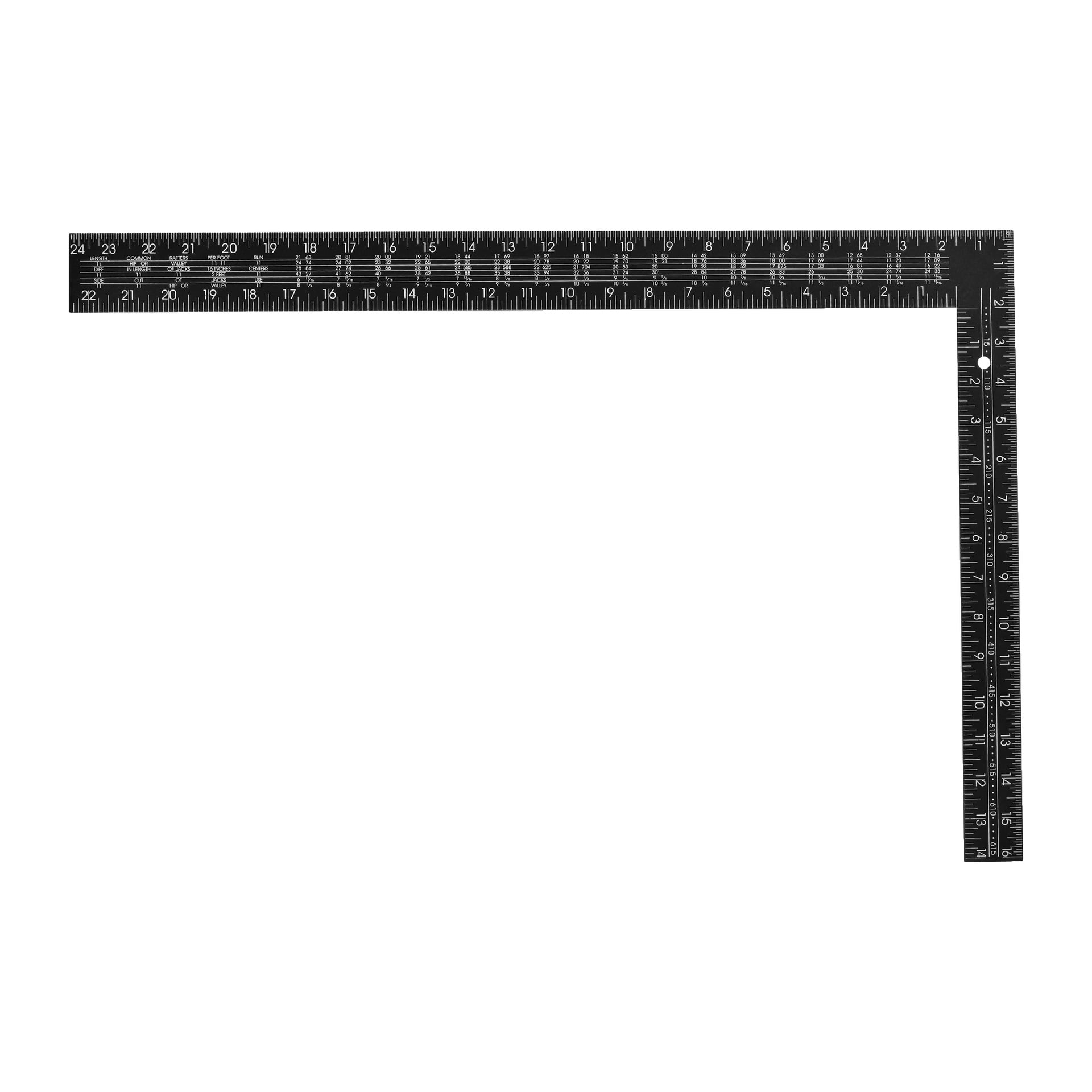Meec Tools Set Square to metalowe urządzenie pomiarowe wykończone na czarno z białymi oznaczeniami, z skalami calowymi i centymetrowymi wzdłuż krawędzi, uformowane w literę L.