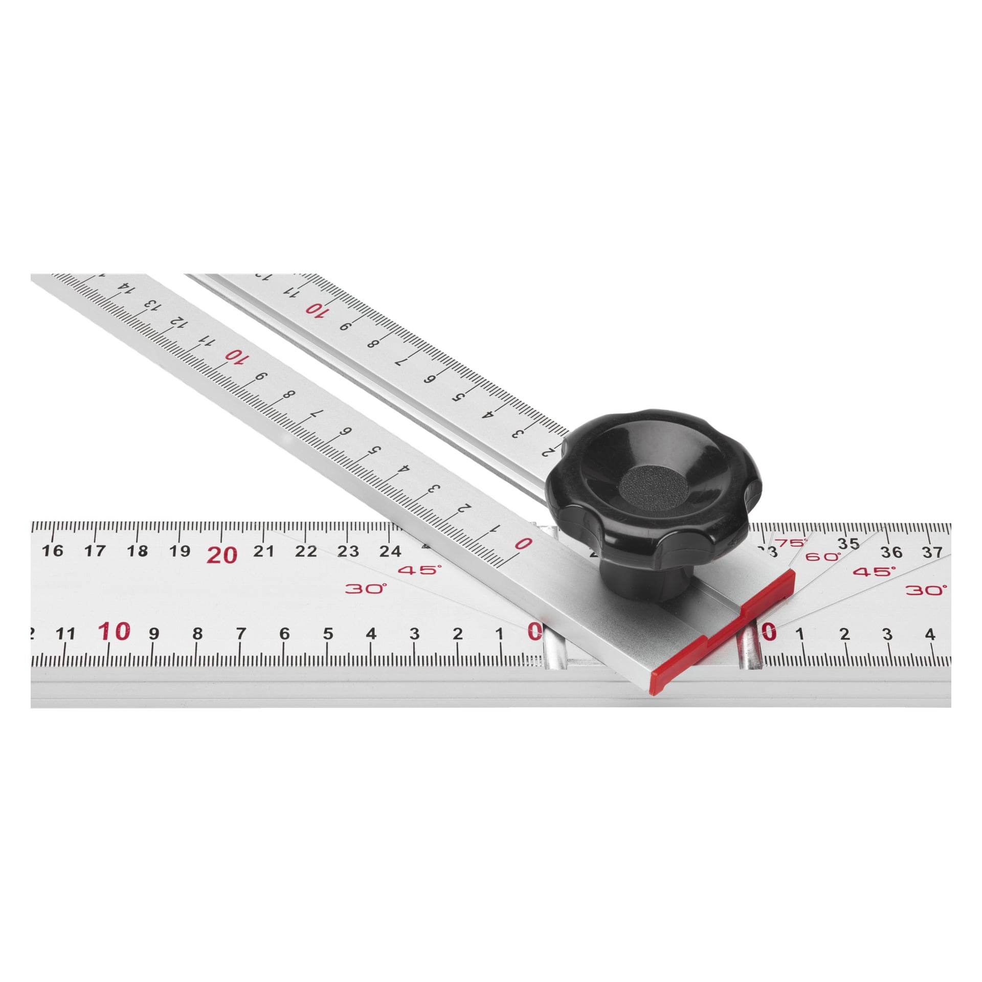Närbild av Meec Tools T-vinkel metalllinjal, som visar dess mätmarkeringar för centimeter och grader. Den skärande linjalen hålls i ungefär 30 graders vinkel av en svart justeringsknopp.