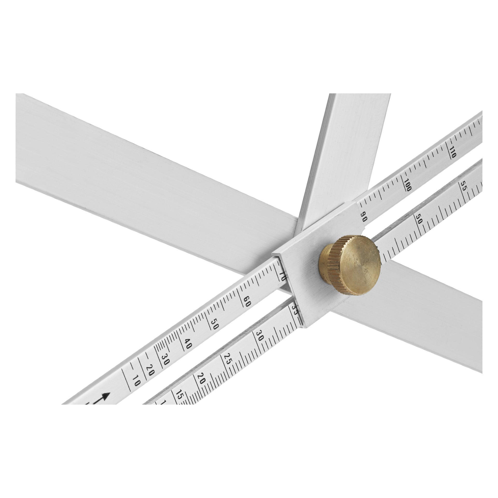 En närbild av Meec Tools Angle Gauge, ett metallinstrument för ritning, med skjutlinjaler, en justeringsratt i mässing och graverade centimeter- och millimetermått.