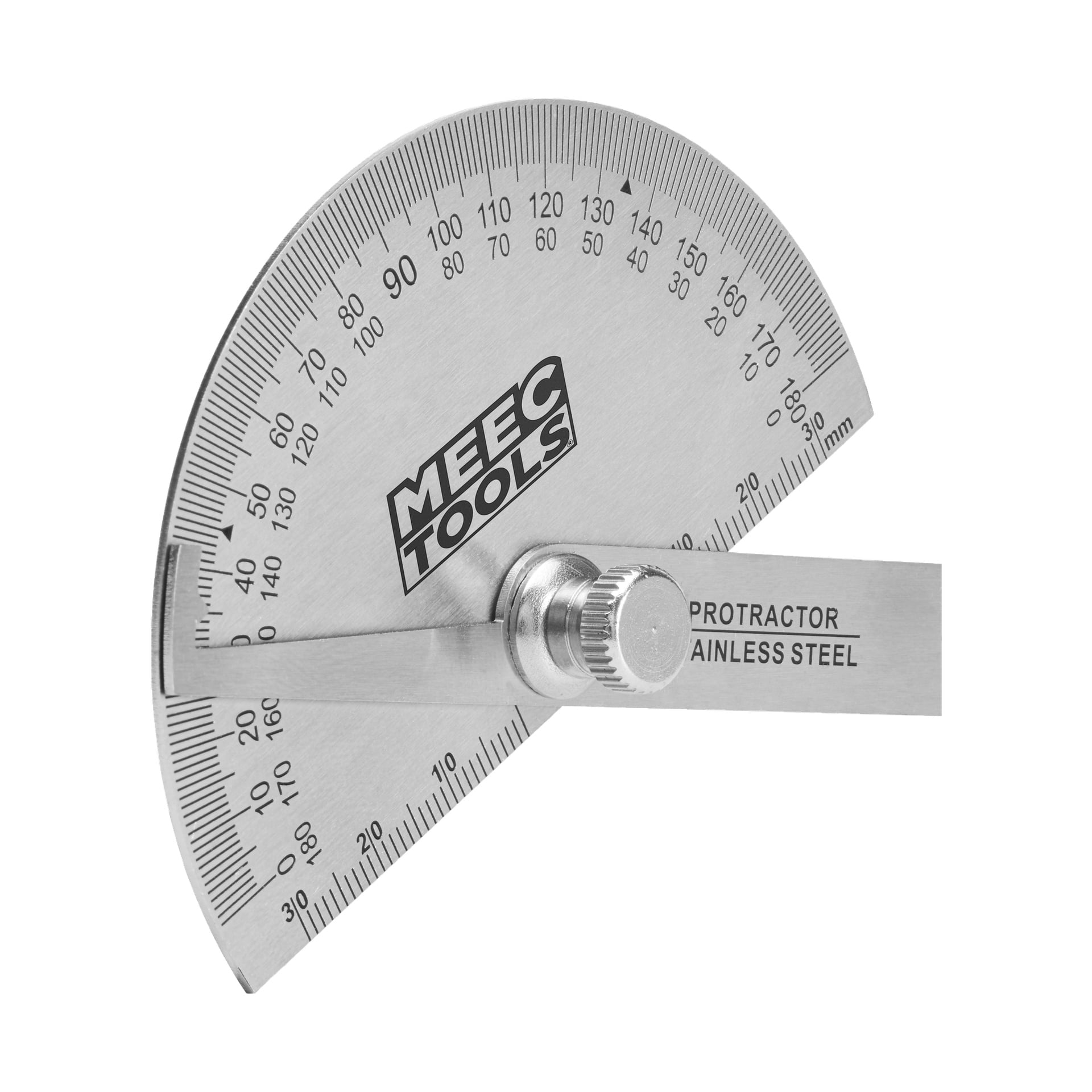 En Meec Tools vinkelmåler i rustfritt stål med etsede gradmarkeringer fra 0 til 180, en bevegelig arm for måling, og Meec Tools-logoen vist på hoveddelen.