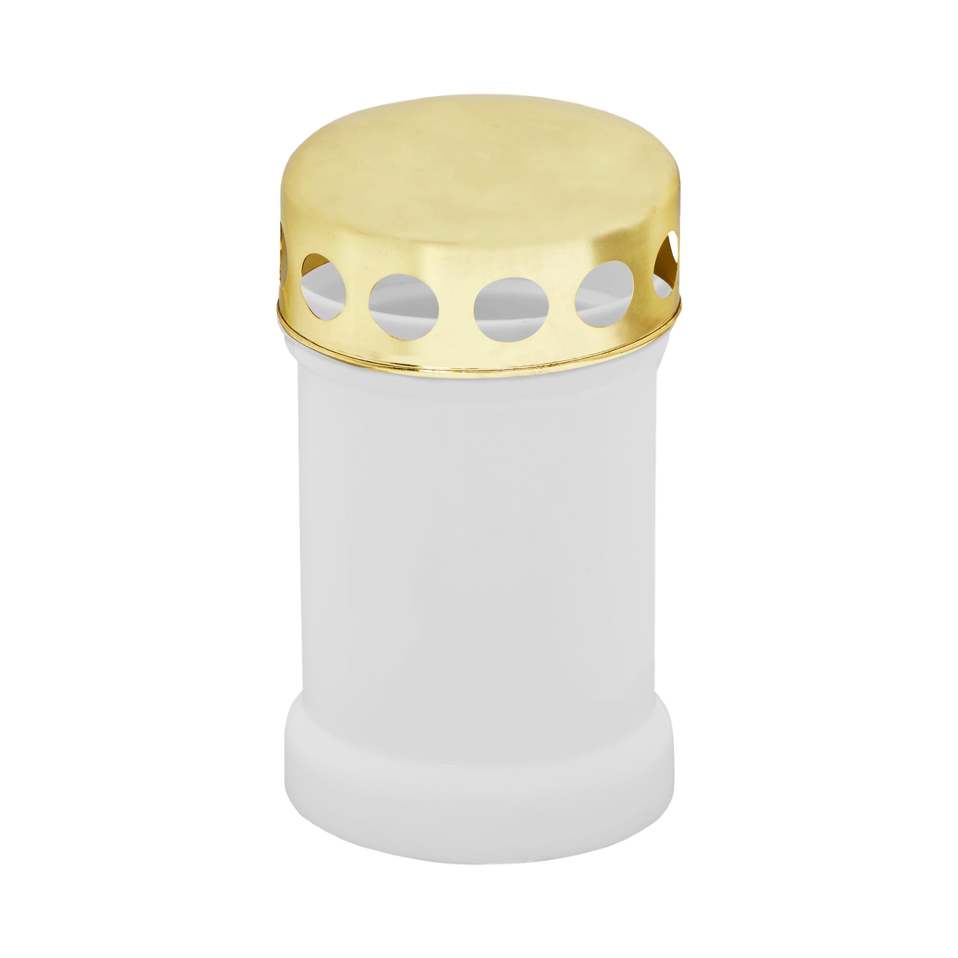 En Menuett Grave-lampa LED med vit cylindrisk bas och ett guldfärgat metalllock dekorerat med jämnt fördelade runda hål runt den övre kanten.