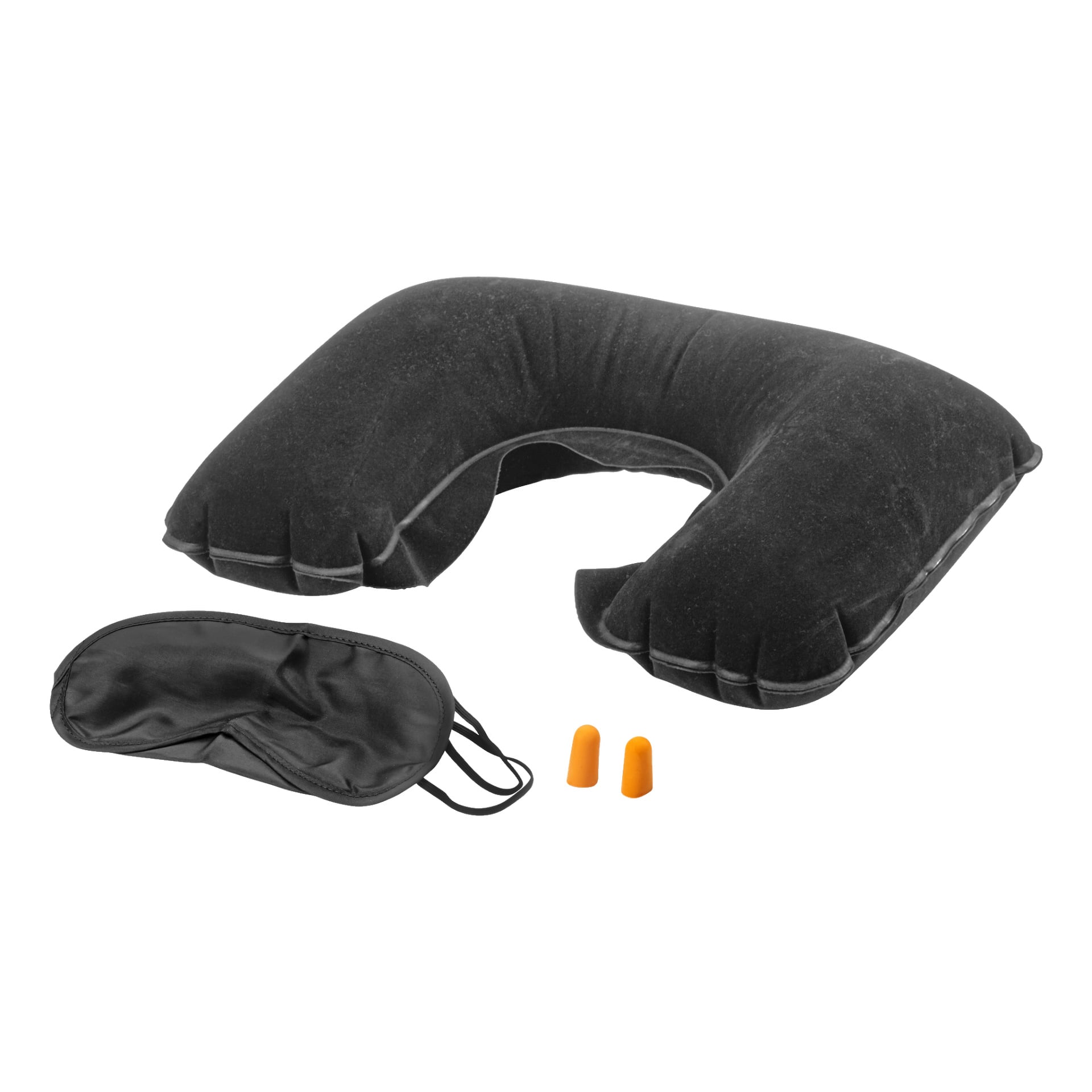 Ett Kayoba Travel-kit inkluderar en svart uppblåsbar nackkudde, en matchande svart sovmask och orange skumproppar.