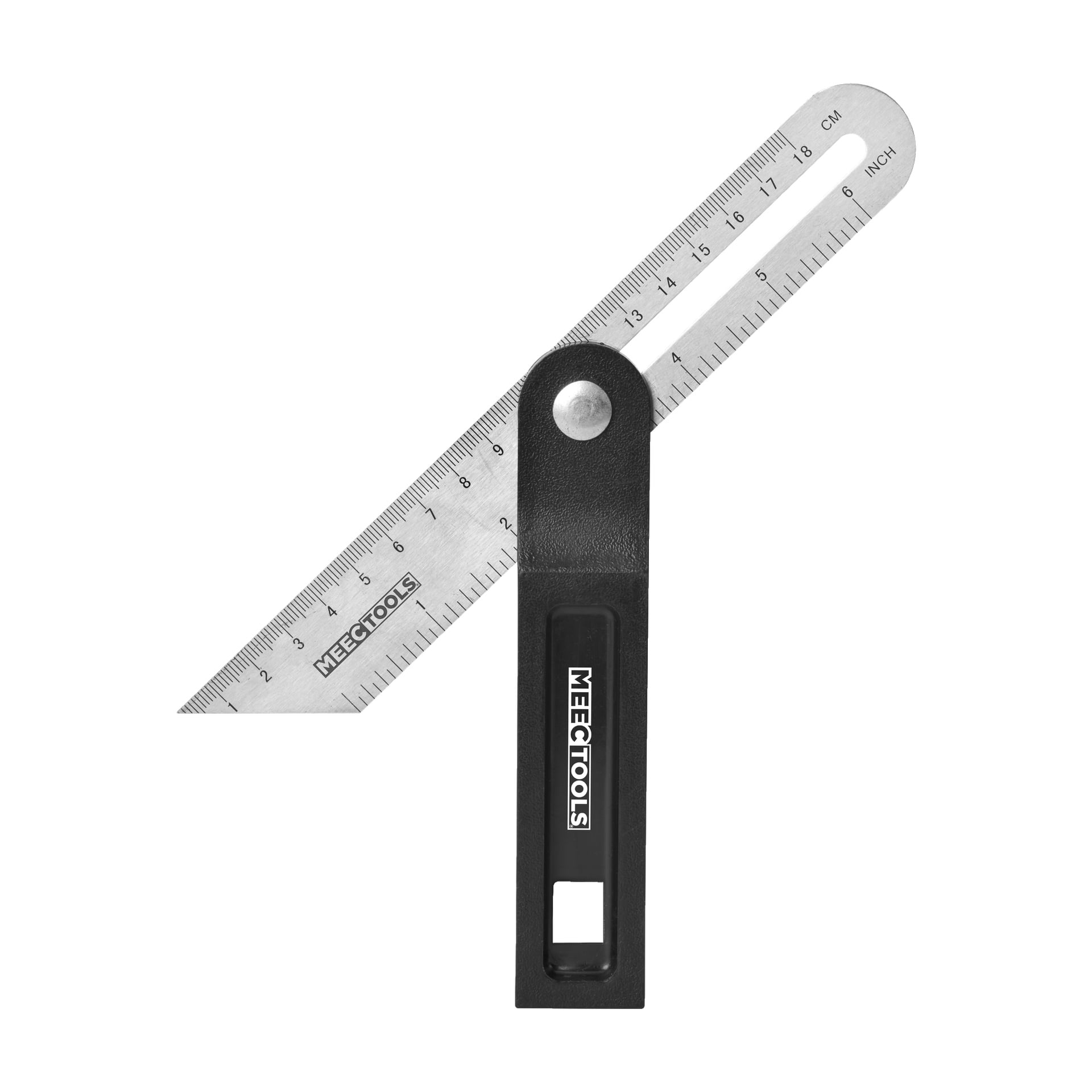 Meec Tools Sliding T bevel z czarną plastikową rączką i metalową linijką oznaczoną zarówno w centymetrach, jak i calach, ustawiona pod kątem.