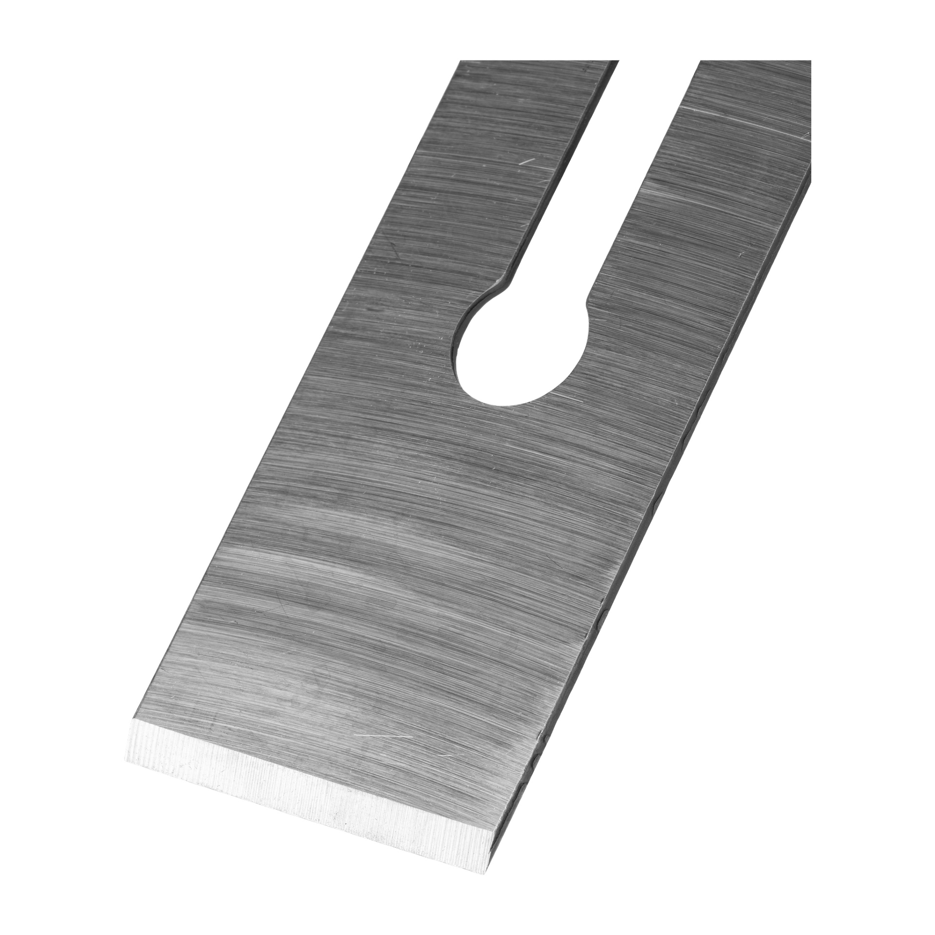 Eine Nahaufnahme einer austauschbaren Handhobelklinge von Meec Tools zeigt ihren geraden Metallkörper, die abgeschrägte Kante und den Montageschlitz.
