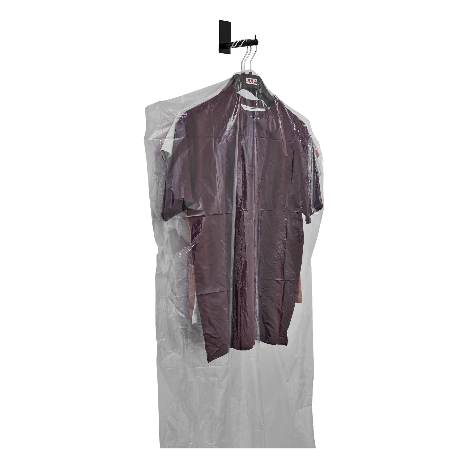 En Menuett Clothes-pose fra 5-pakningssettet henger på en metallkrok og skjuler en mørk skjorte på en kleshenger.