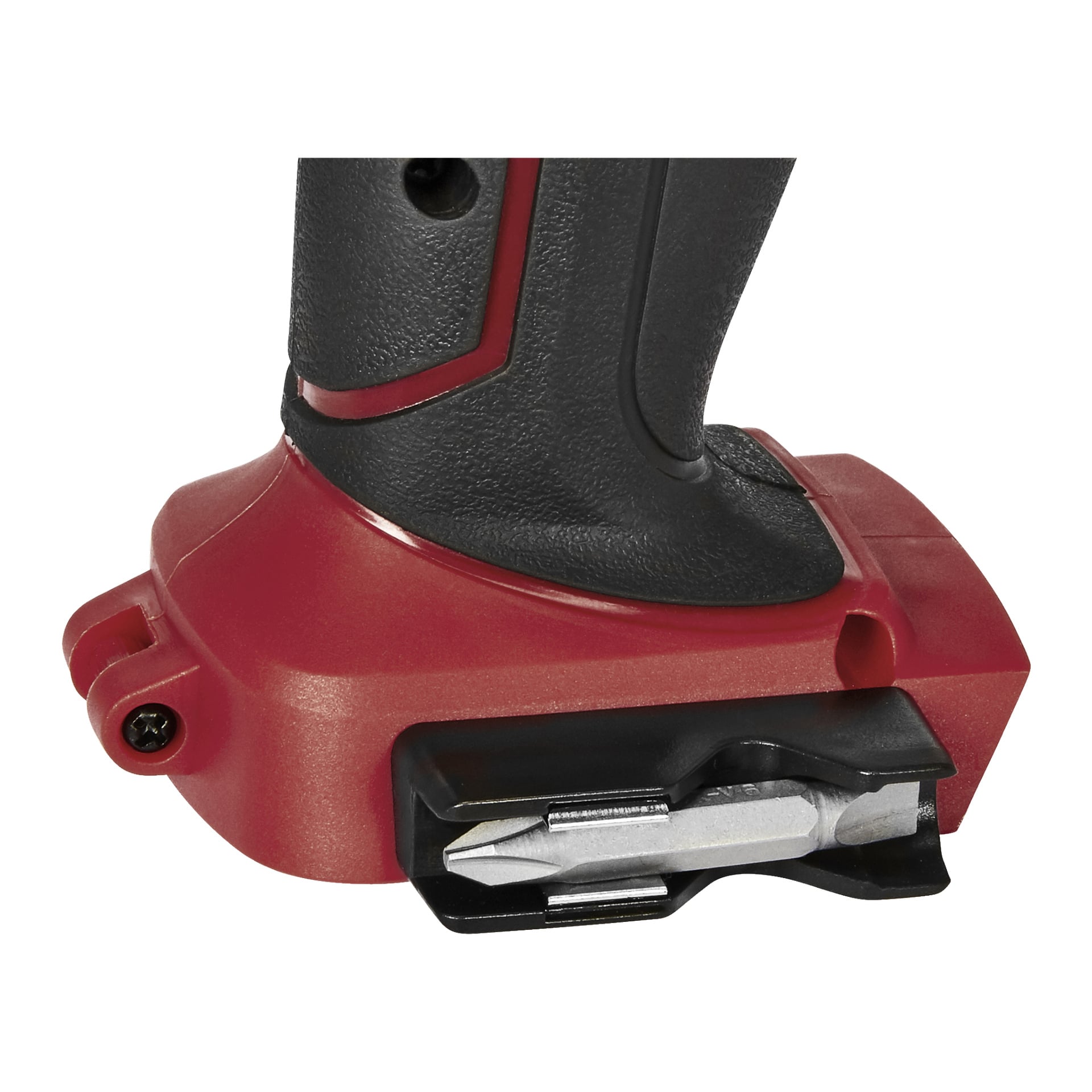 Zbliżenie podstawy śrubokręta Meec Tools Multiseries DD-18V HOME 500, z czerwono-czarną rączką, wbudowanym uchwytem na bity oraz dwoma dołączonymi wymiennymi bitami śrubokręta. Na narzędziu widoczny jest napis DD-18V HOME 500.