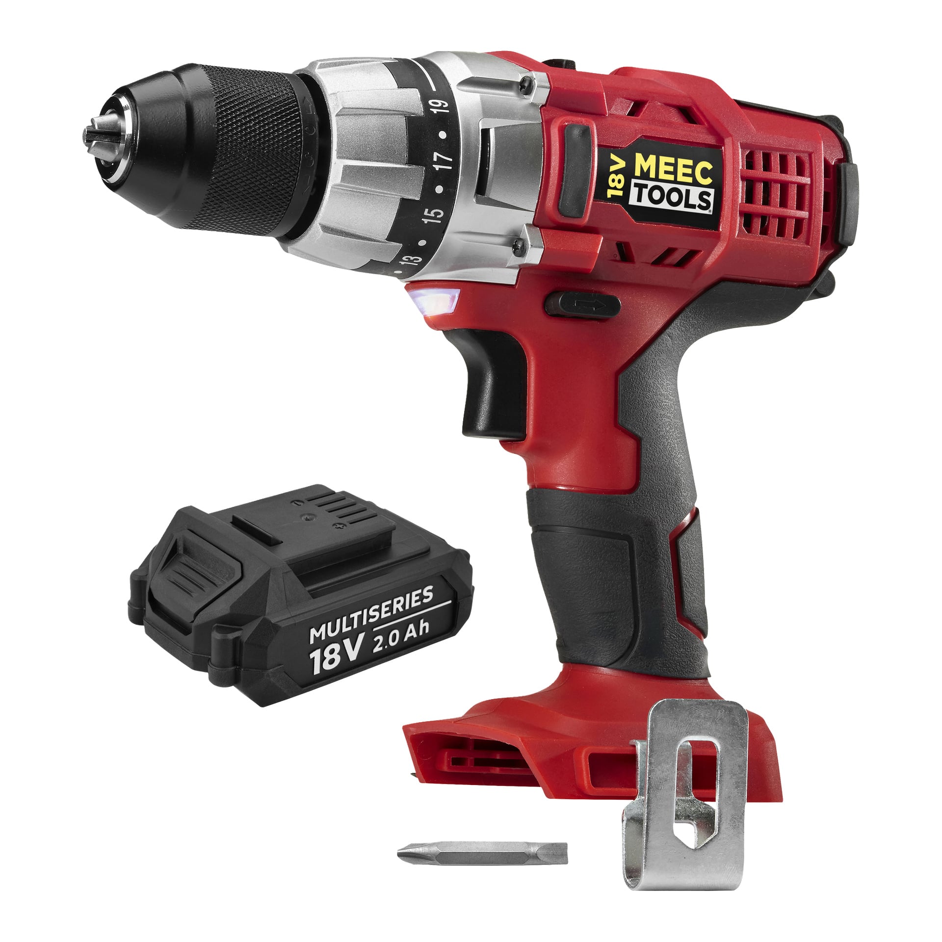Punamusta Meec Tools Multiseries -ruuvimeisselisarja, jonka nimi on DD-18V HOME 500, sisältäen 18V 2,0 Ah pariston, metallisen hihnakulin ja pienen ruuvimeisselin poran edessä.