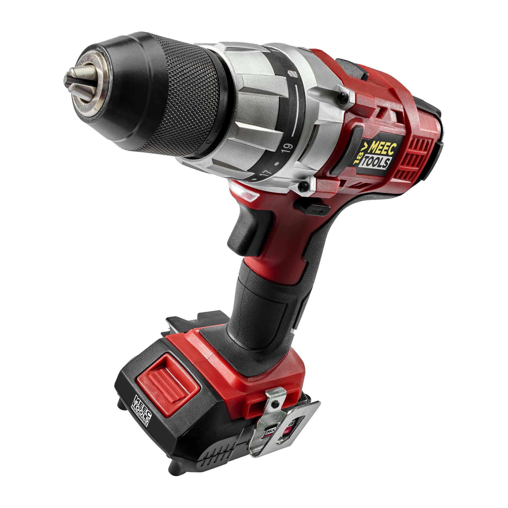 Punamusta Meec Tools Multiseries -ruuvimeisselisarja, jossa lukee teksti DD-18V HOME 500, johdoton muotoilu, musta kahva, hopeiset yksityiskohdat, säädettävät vääntömomenttiasetukset, avaimeton naula ja pohjassa akkupaketti.