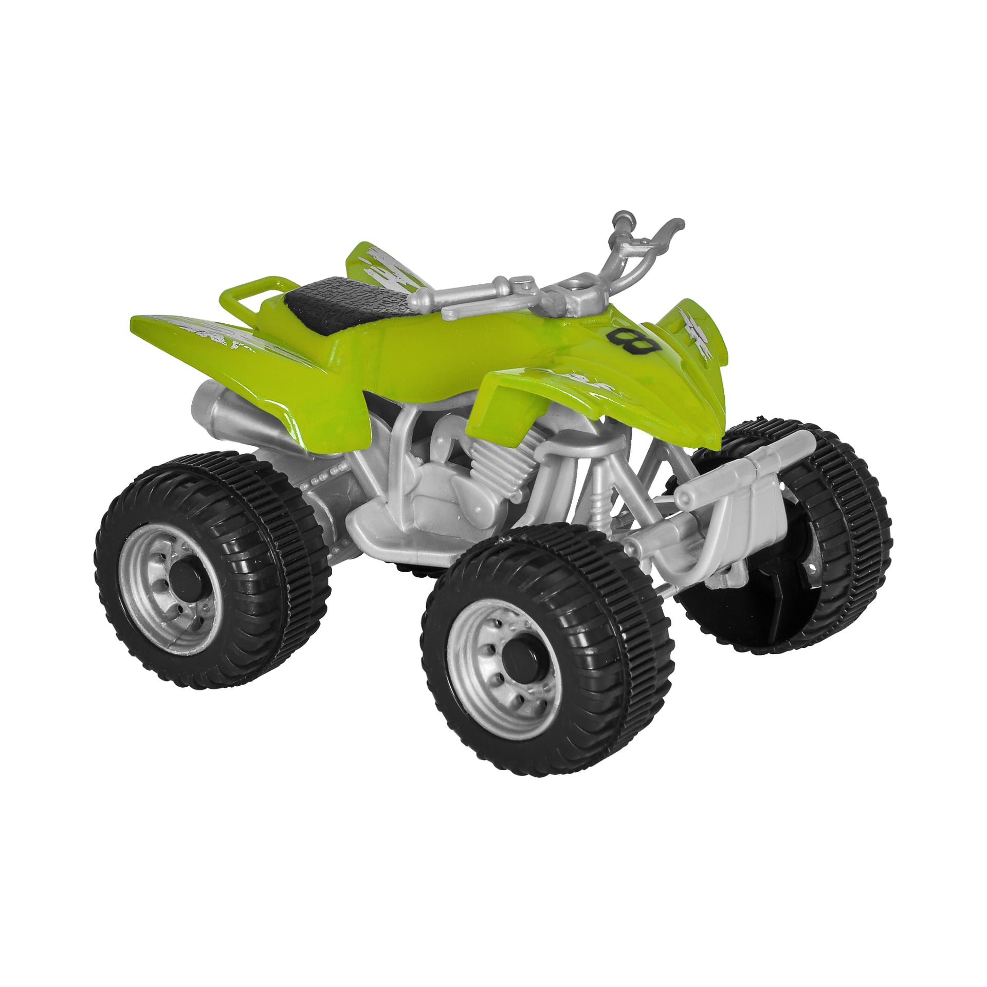 En liten grön fyrhjuling från "Truck + quad bikes"-kollektionen från No EMW, designad med stora svarta däck, silverdetaljer och siffran 08 på framskärmen.