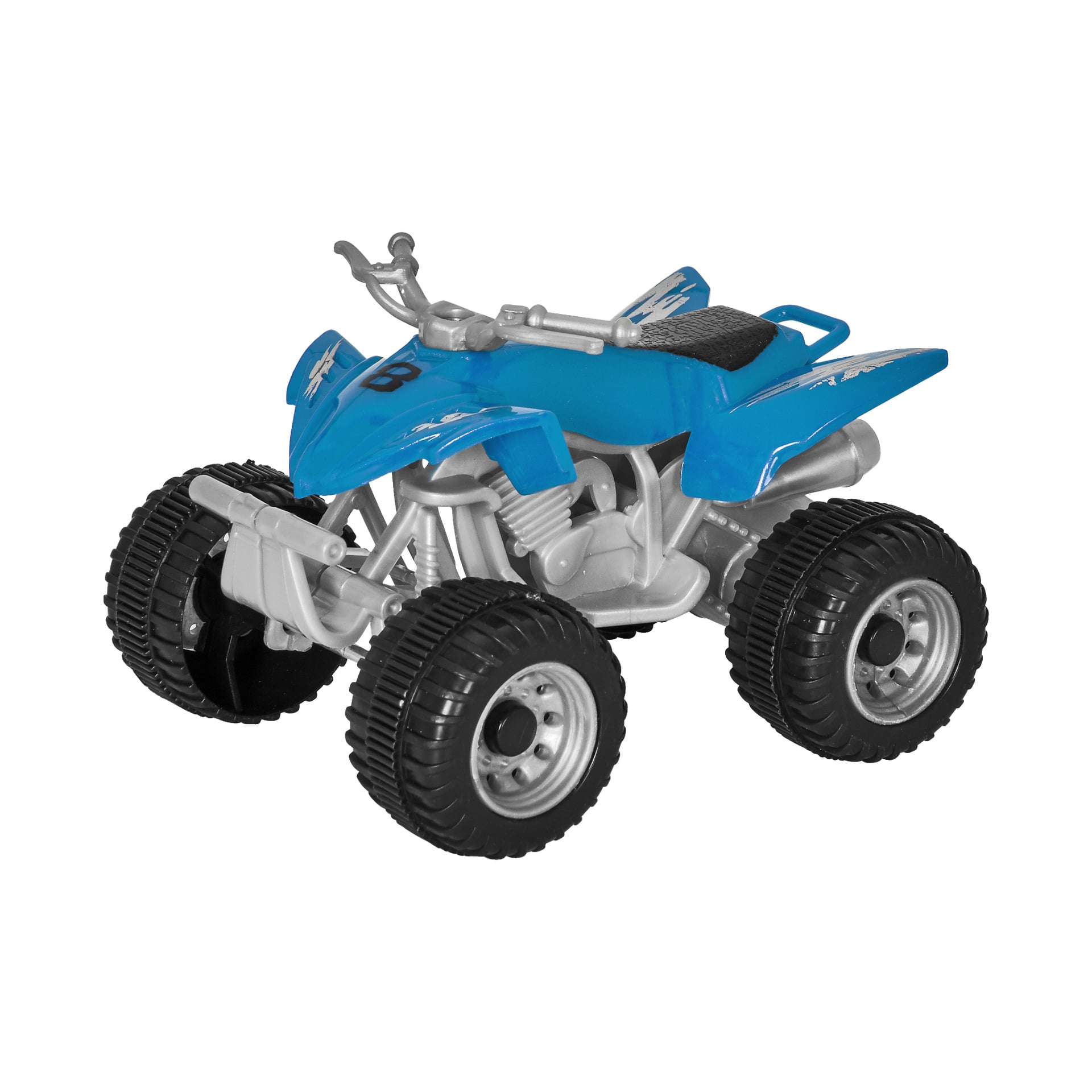 En liten blå och silverfärgad fyrhjulingsleksak med svarta däck, svart sadel och nummer 8 på framsidan, från No brand EMW:s "Truck + quad bikes"-set.