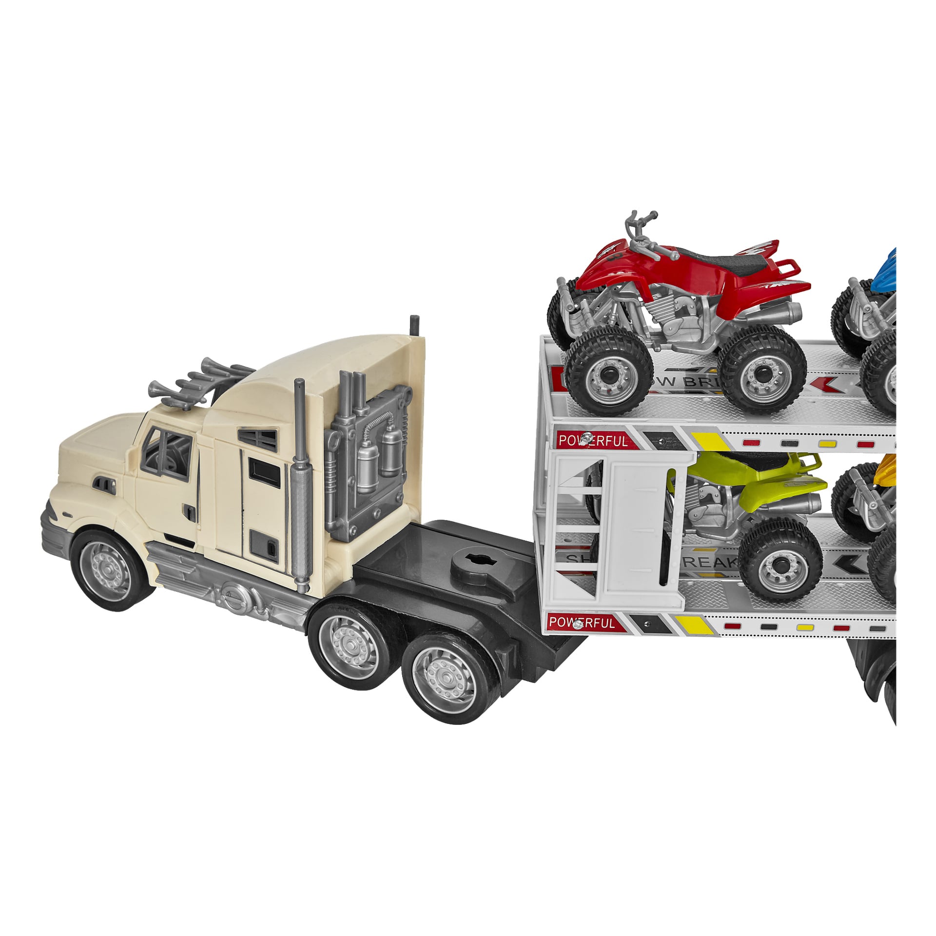 No-märket EMW "Truck + quad bikes"-leksaken inkluderar en semitruck med beige hytt och en vit, tvåvånings trailer som bär flera färgglada fyrhjulingar i rött, gult och blått.