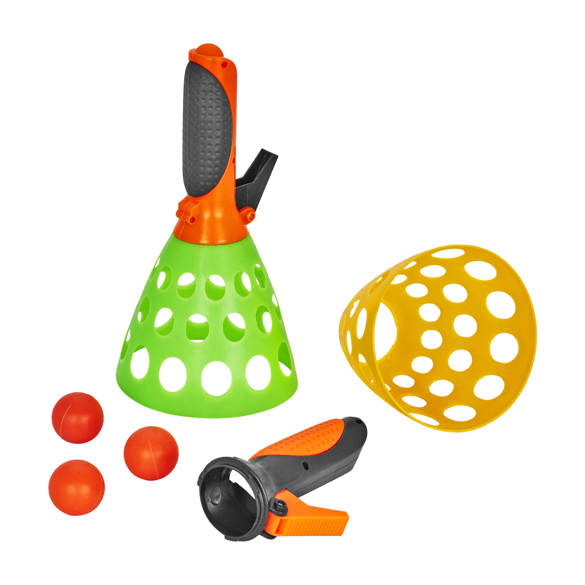 Ball catcher från No märke EMW är ett plastspel som kan fångas och kastas med två konformade vantar – en grön, en gul – var och en med handtagsgrepp och perforeringar, och innehåller fyra orange bollar.