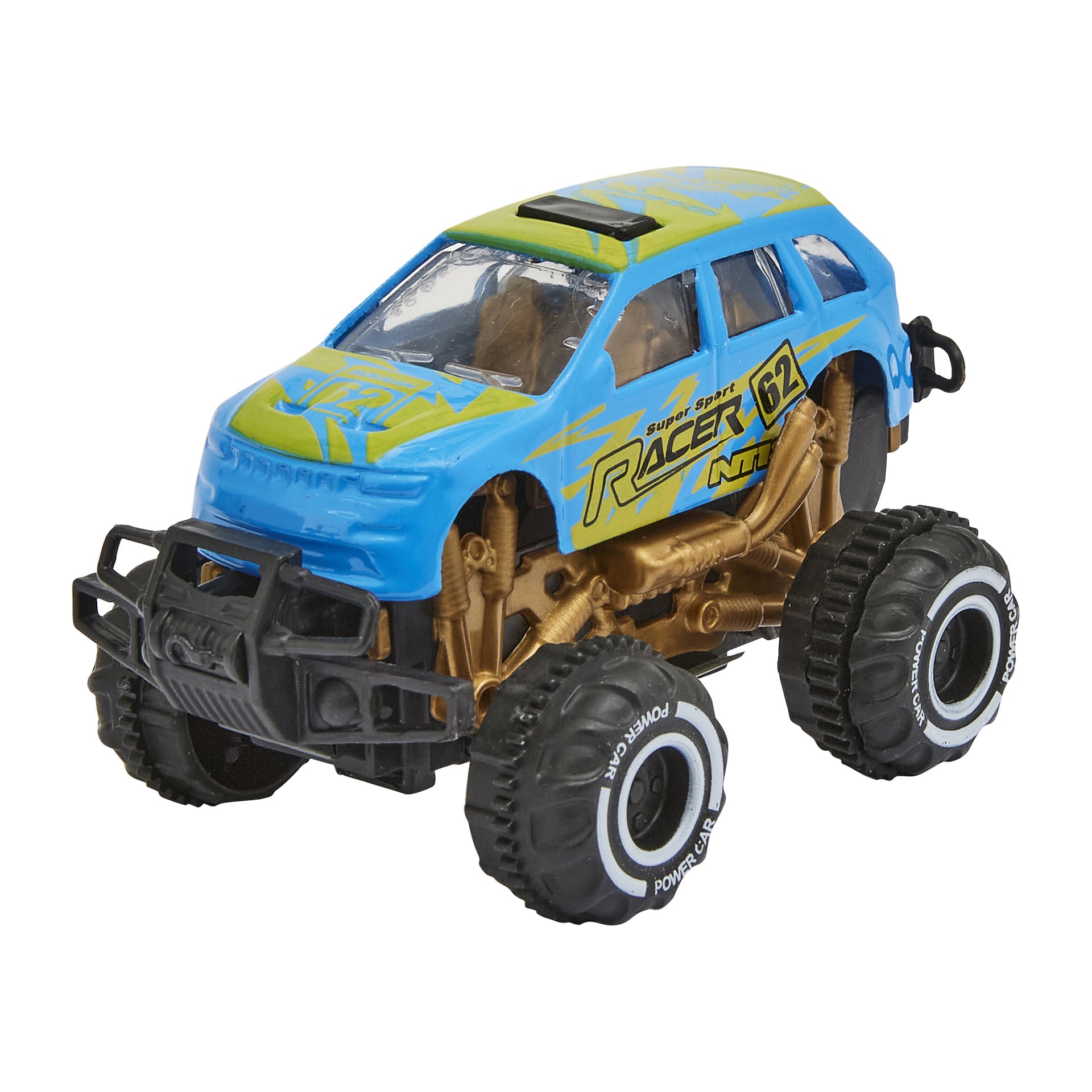En blå och grön monstertruckleksak med stora svarta däck, guldunderrede, svart stötfångare och "Racer 62" på sidan.