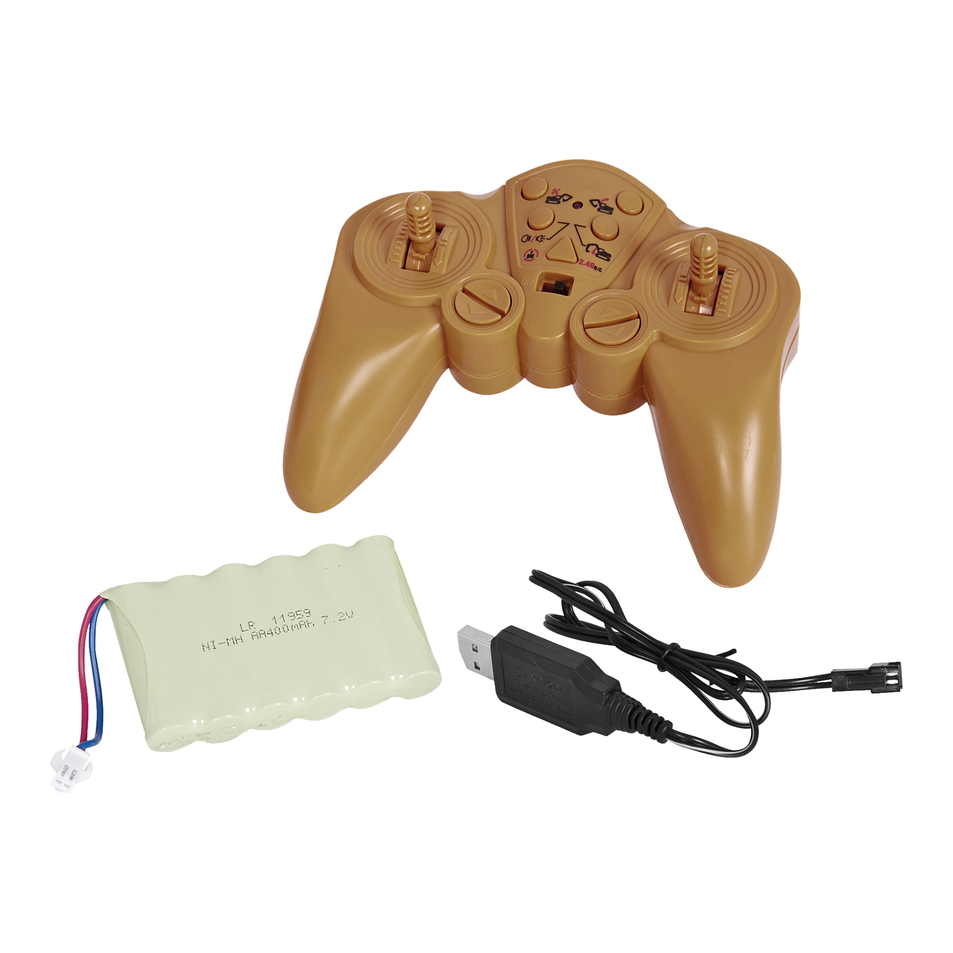 En brun plast Kayoba radiostyrt gravemaskin-spillkontroller med to joysticks, ledsaget av en batteripakke med ledninger og en svart USB-ladekabel.