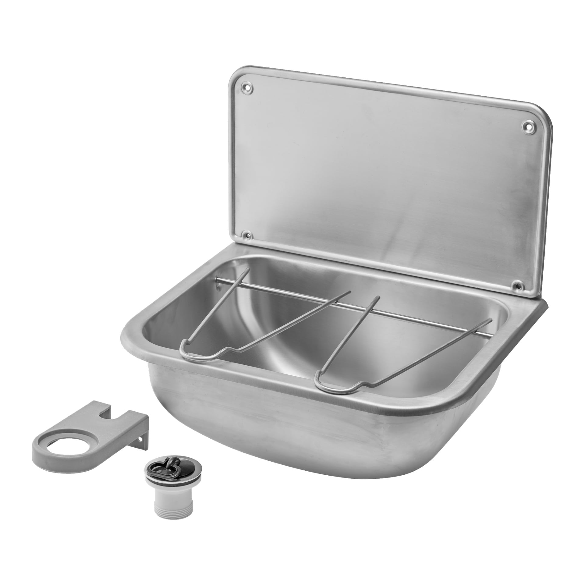 Ruostumattomasta teräksestä valmistettu Curaqua Bucket -allas, seinäkiinnitetyllä muotoilulla, saranoitulla välitilalla, mukana ollut metalliteline, viemäriliitin ja metallityökalu.