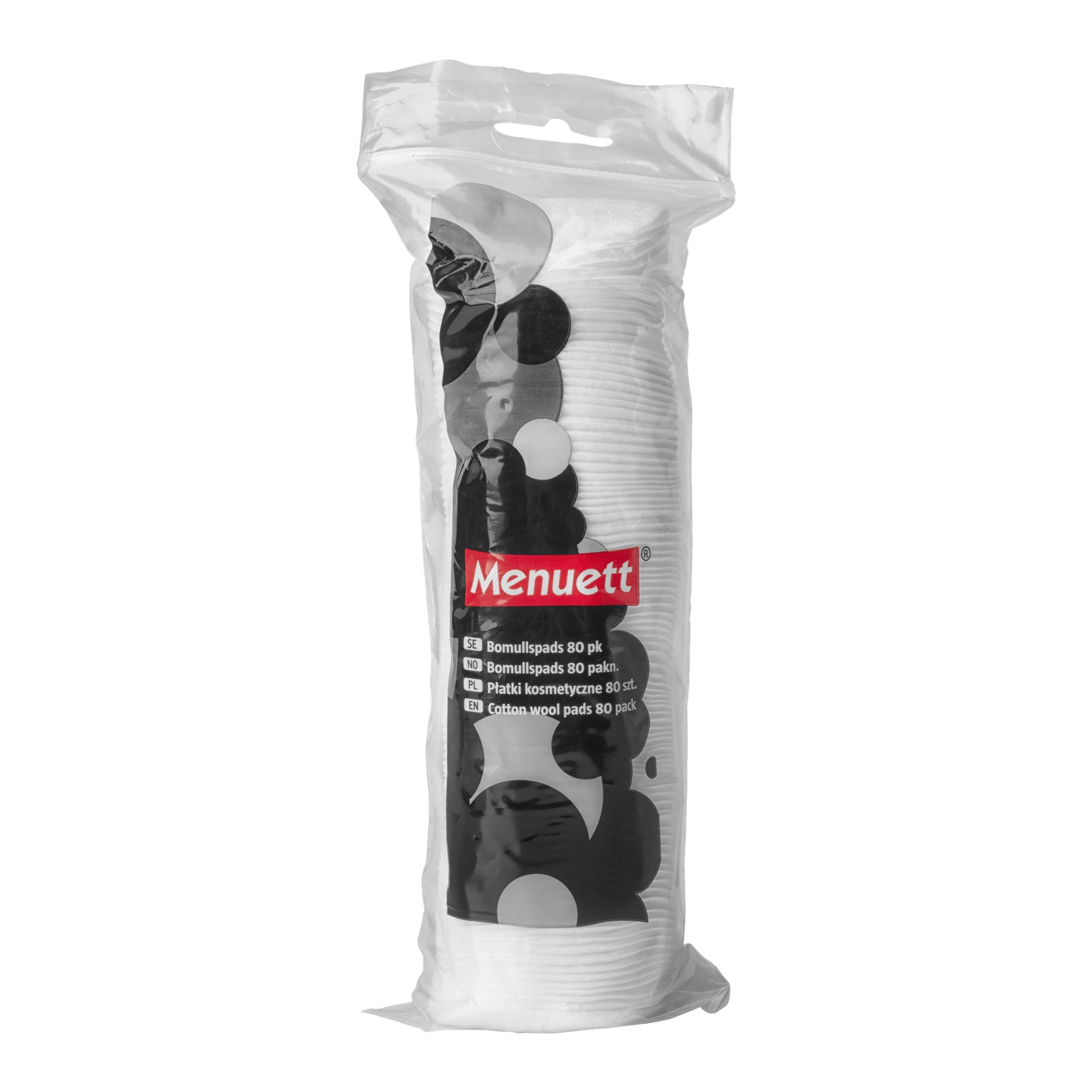 Ein Stapel weißer Baumwollpads in einer durchsichtigen Plastikhülle mit der Aufschrift Menuett Cotton Wool Pads 80 Pack.