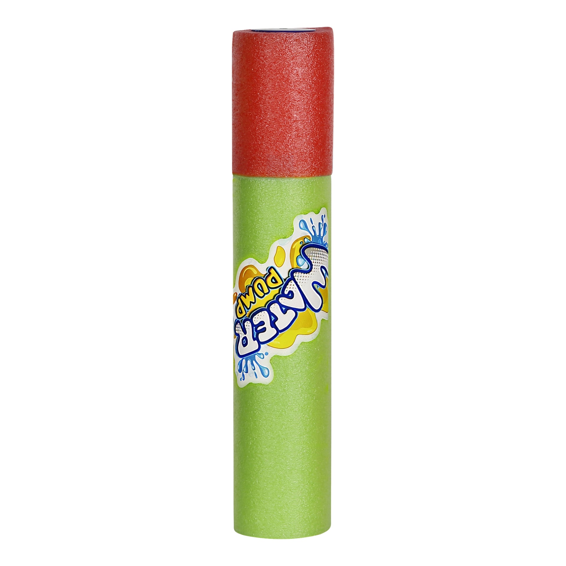 En grön och röd skumvattenblaster märkt "Water Cannon" från No brand EMW står upprätt, dekorerad med blå, gula och orange grafik.