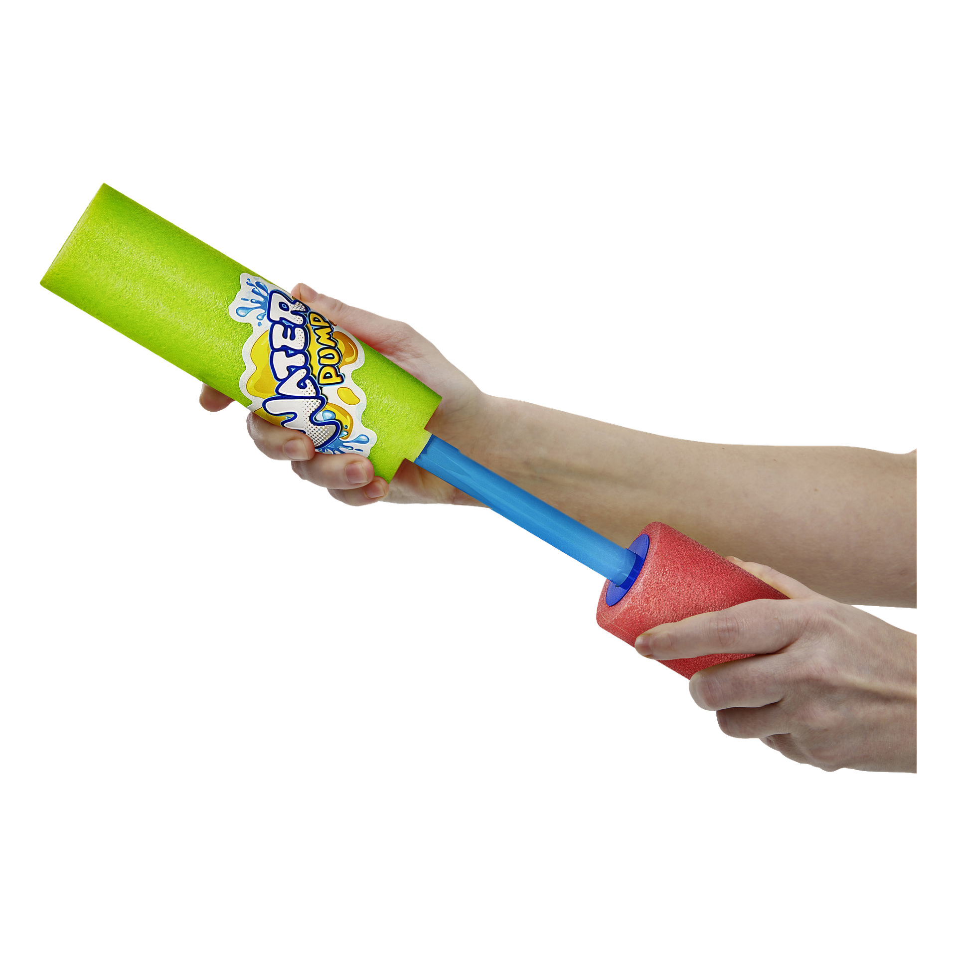 Två händer drar isär en färgglad No brand EMW Water Cannon med en grön och gul kropp märkt "WATER PUMP" och ett rött skumhandtag kopplat till ett blått rör.