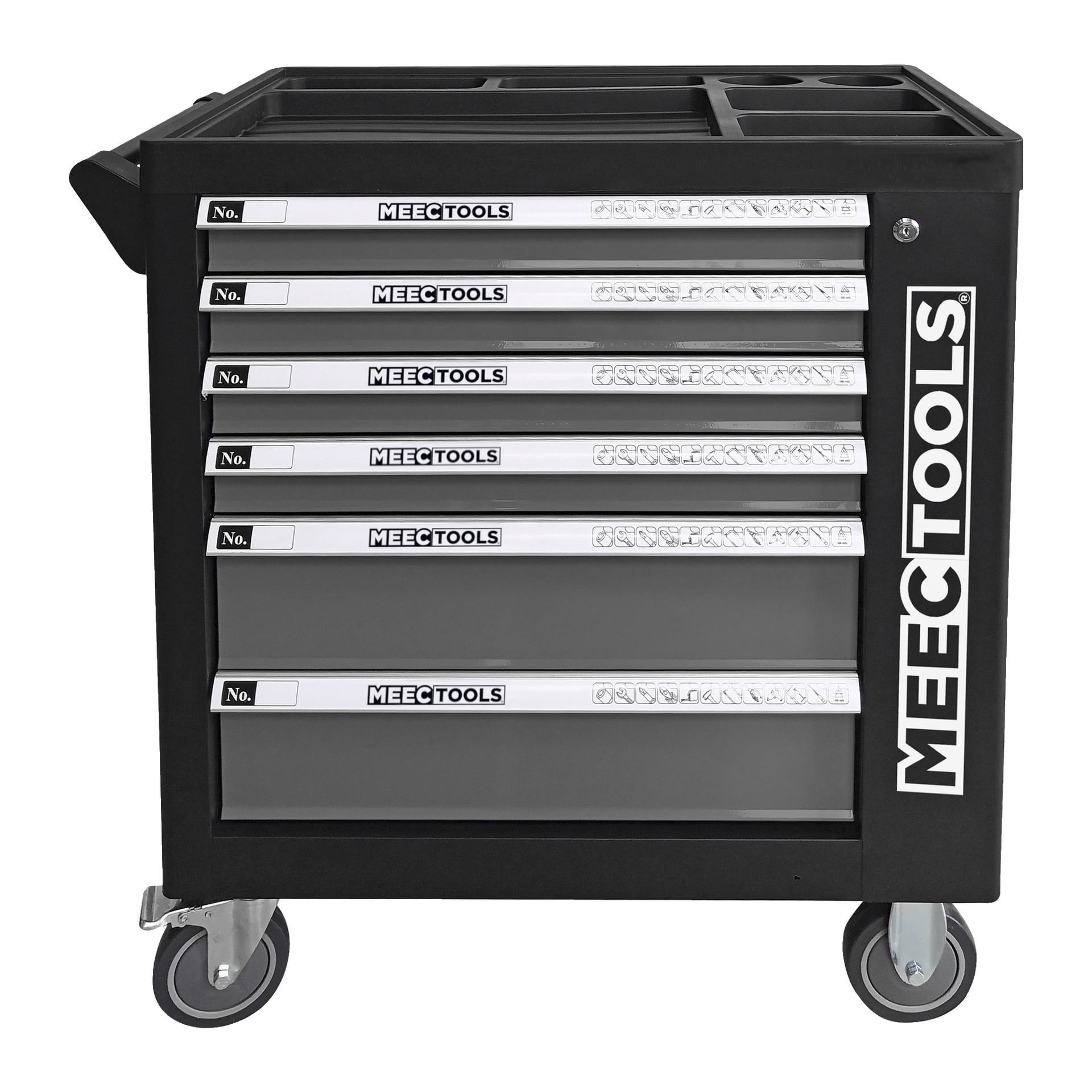 wózek narzędziowy Meec Tools z sześcioma szufladami, każda wyposażona w srebrne uchwyty. Posiada cztery koła typu caster oraz boczną rączkę do manewrowania. Na przedniej i bocznej stronie widnieje nazwa marki oraz etykieta "Tool trolley 167 pieces".
