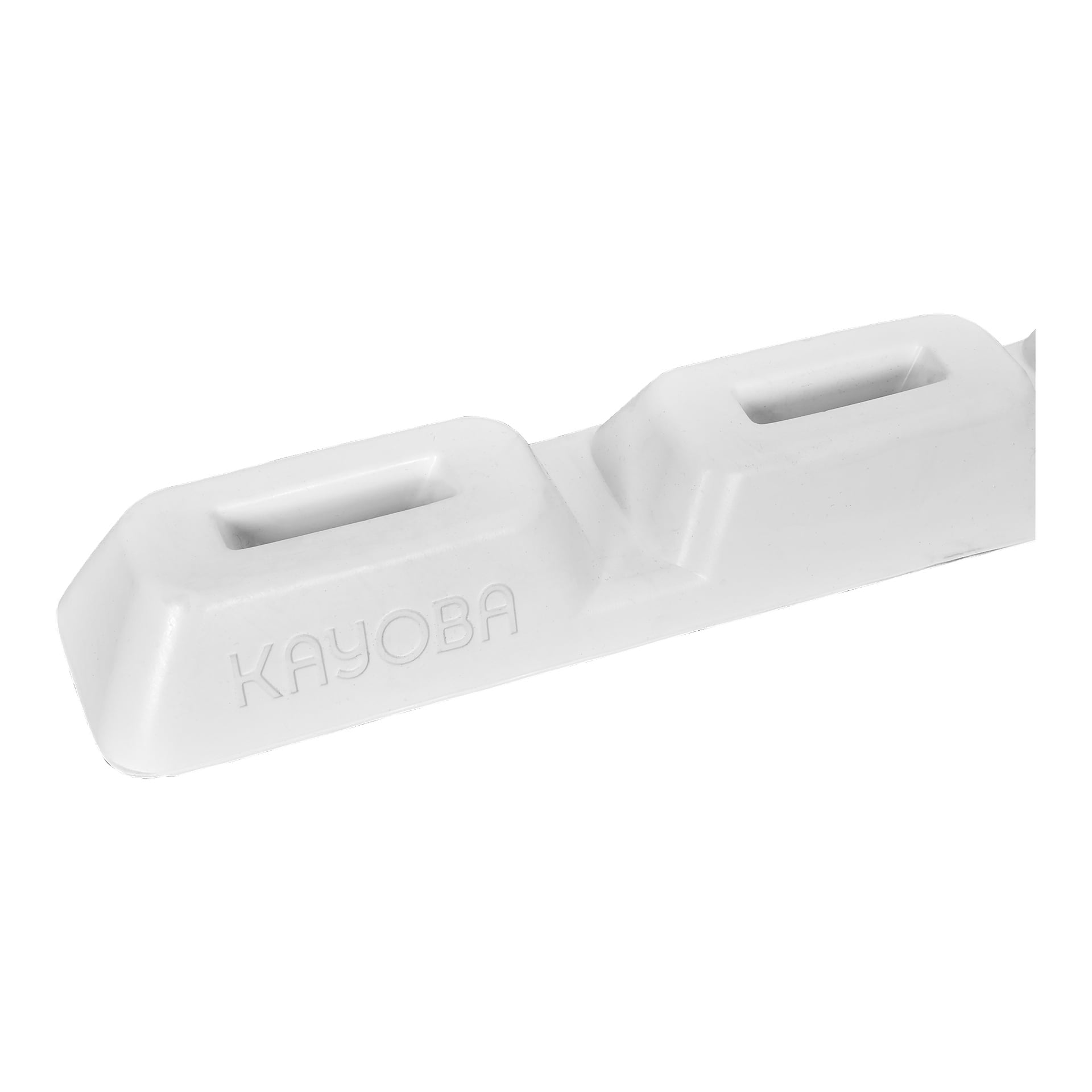 En robust vit plastskärm för bryggan har två rektangulära öppningar och har varumärket "Kayoba" präglat på ytan.