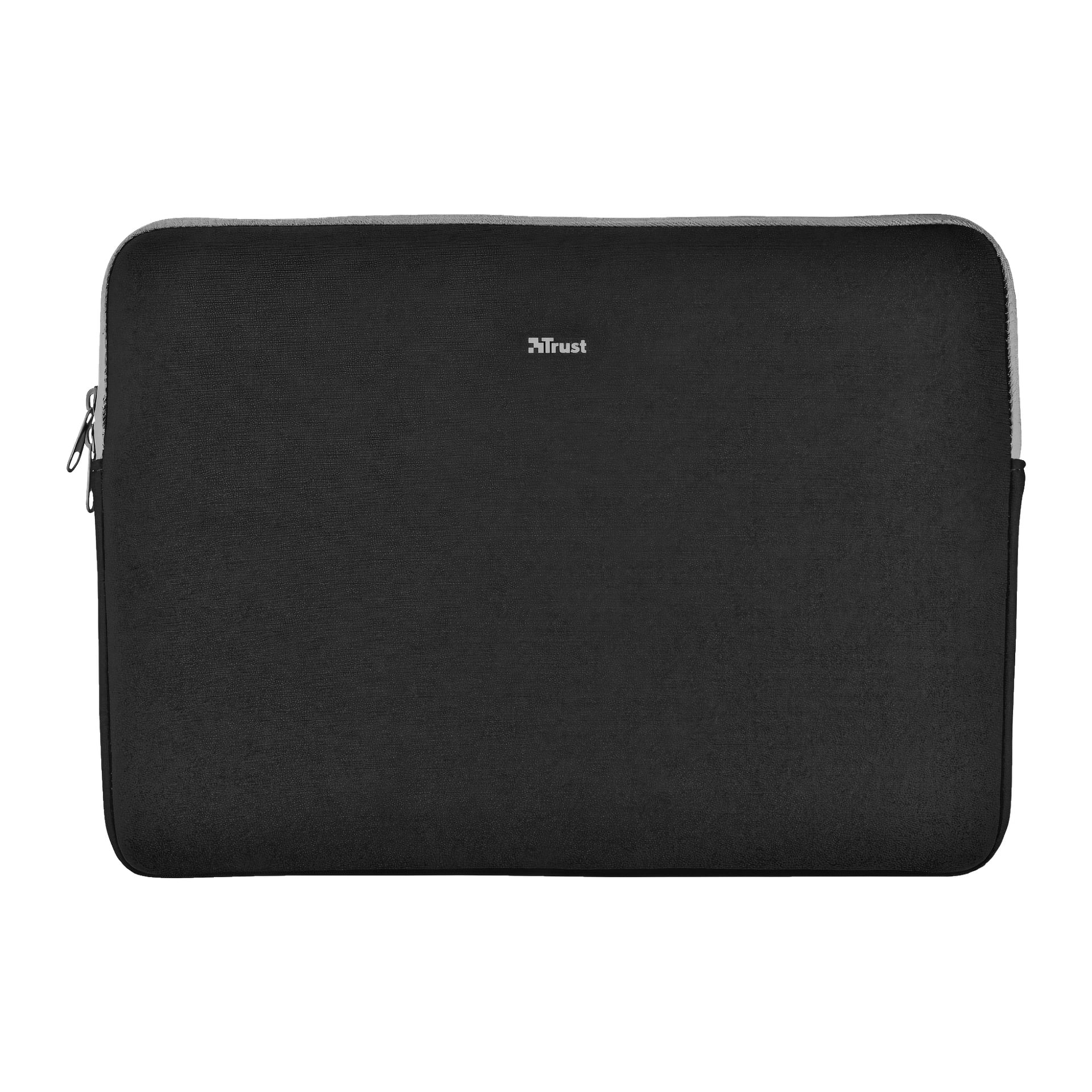 Ett svart rektangulärt Primo mjukt laptopfodral från Trust med synlig dragkedja på toppen och en centrerad vit Trust-logga.