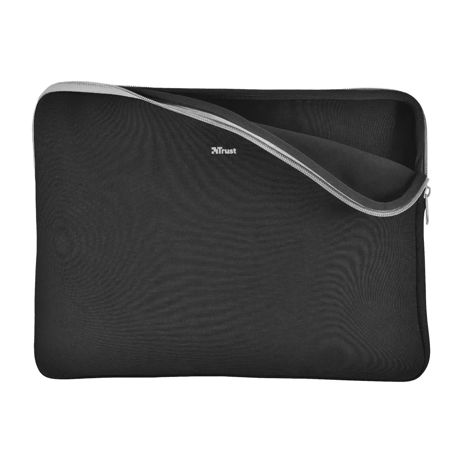 Ett svart mjukt Primo laptopfodral från Trust med grå dragkedja, lätt uppdragen för att visa insidan. Trust-logotypen är tryckt nära mitten uppe och lyder Trust.
