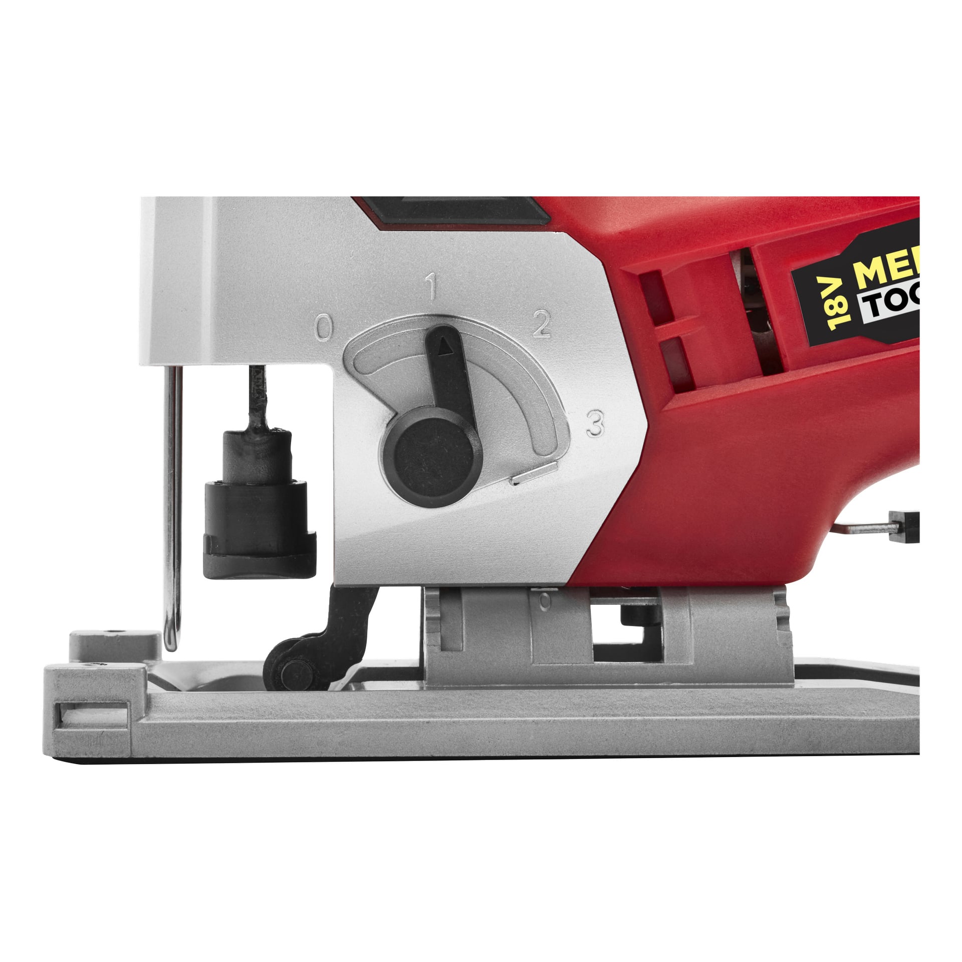 Detaljerad närbild av Meec Tools Multiseries Jigsaw JS-18V HOME 300, som visar dess röda och silverfärgade färgschema, en numrerad justeringsratt, en synlig del av bladet och en del av bottenplattan. Märkesetiketten och 18V-märkningen syns tydligt på sidan.