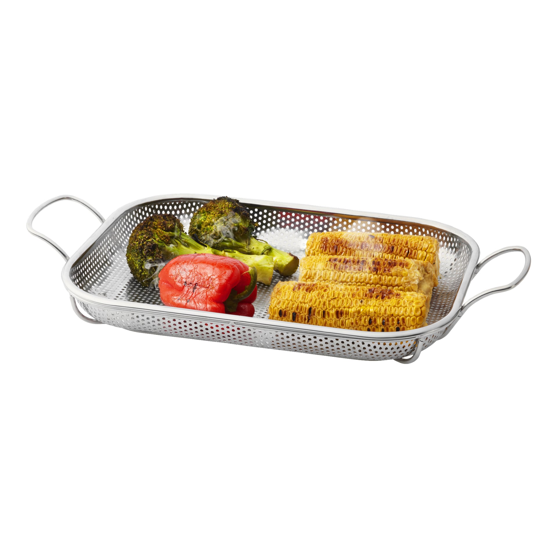 Två bitar broccoli, en halverad röd paprika och två majskolvsegment med grillmärken är arrangerade på en Burns & Barkles-grillpanna.