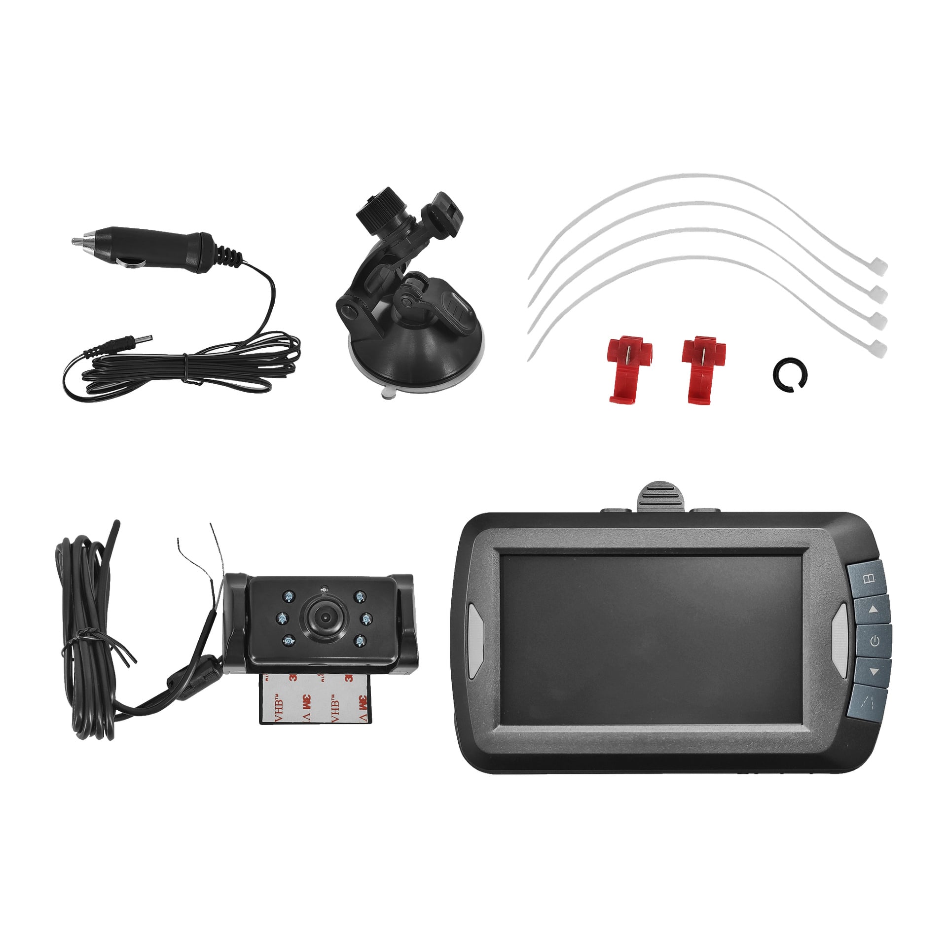 Hamron Reversing Camera-kit inkluderar: sugfäste, strömadapter, 4 buntband, 2 röda trådkontakter, liten svart ring, kamera med kabel ansluten, displaymonitor med kontrollknappar.