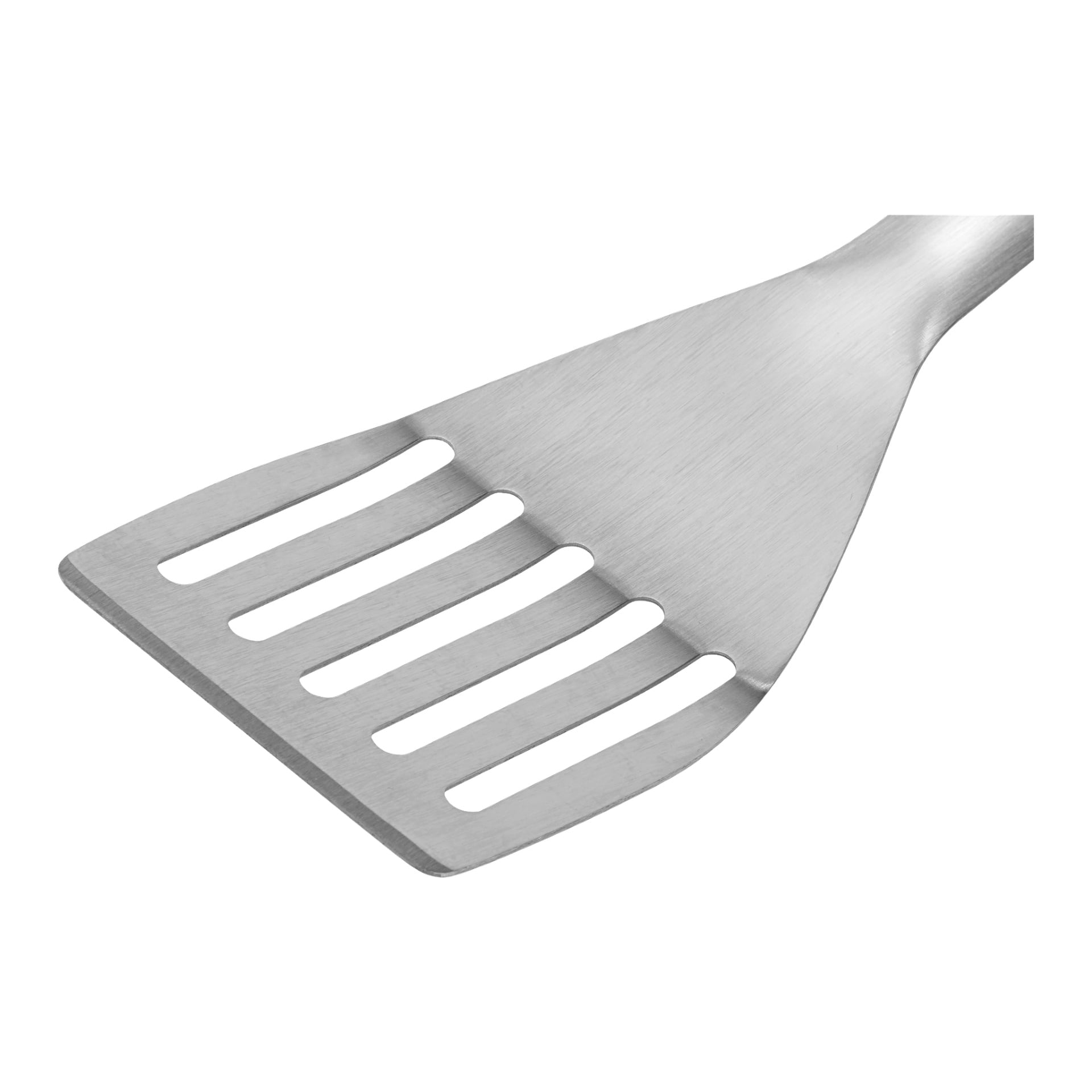 En närbild på Burns & Barkles BBQ Tool Set spatel visar fem breda spår och en slät, borstad yta i rostfritt stål.