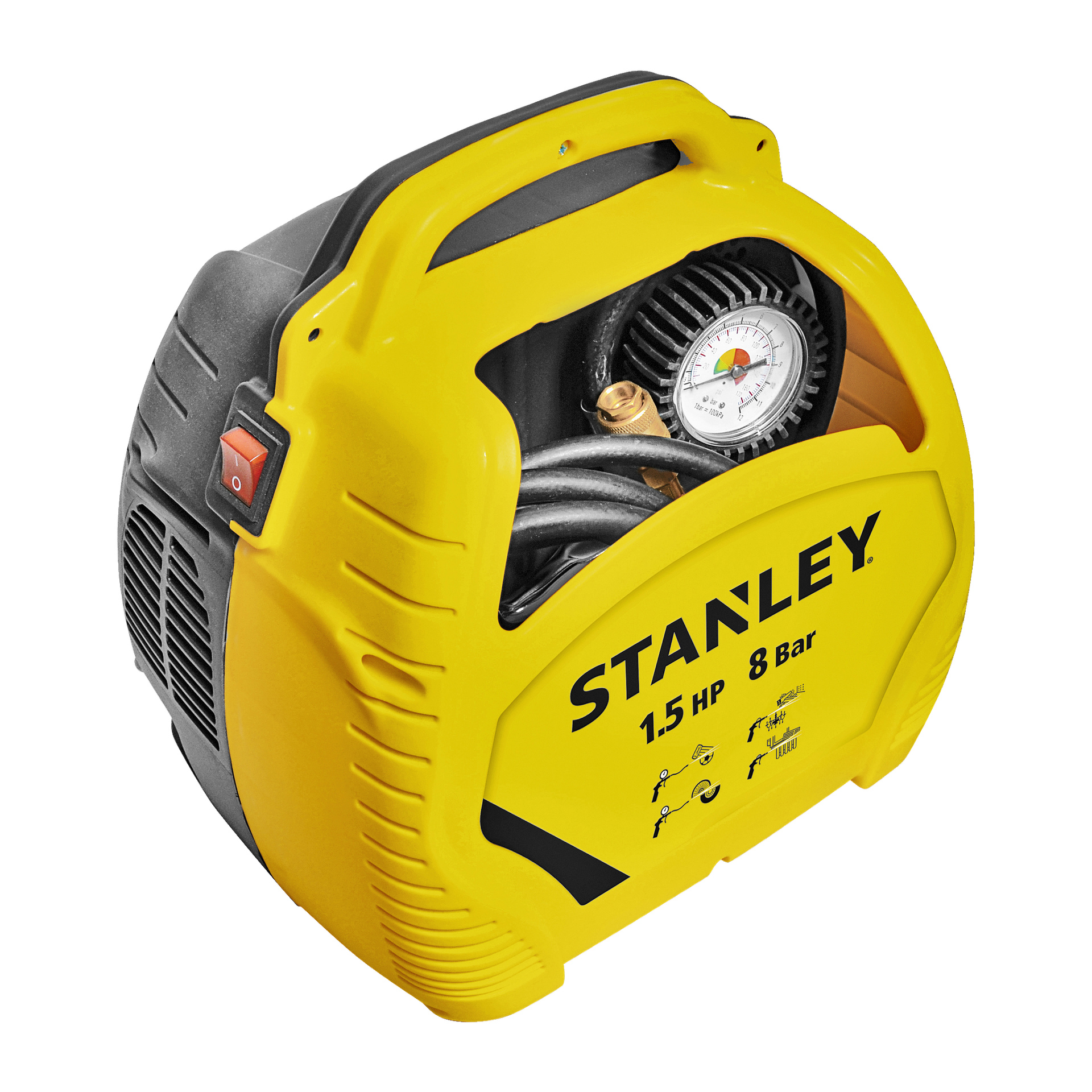 Żółty zestaw powietrza Stanley Compressor Air z solidną czarną rączką, widocznym manometrem, włącznikiem zasilania i wężem przechowywanym wewnątrz jednostki. Na etykiecie produktu widnieje specyfikacja 1,5 KM i 8 barów.