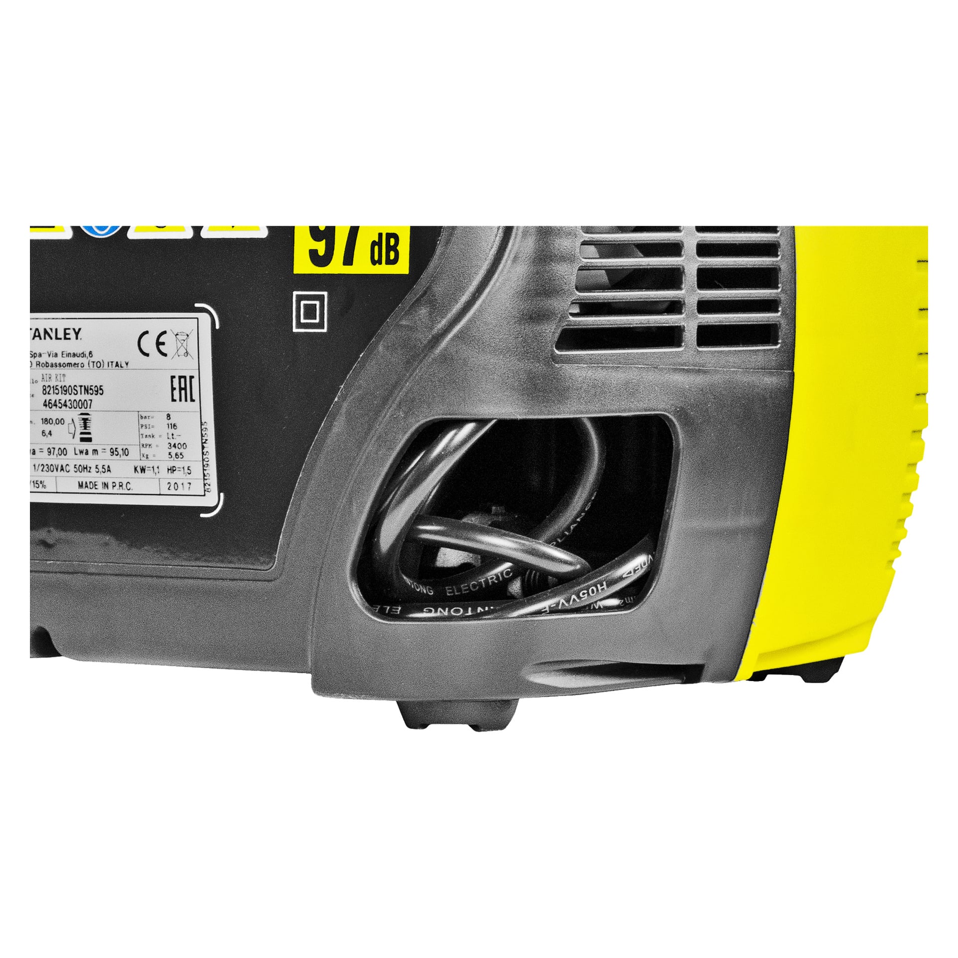 Szczegółowe zbliżenie zestawu Stanley Compressor Air Kit, pokazujące jego czarno-żółty design z zakrzywioną wentylacją, kablem zasilającym starannie przechowywanym w wewnętrznej komorze, etykietą technicznej oraz naklejką wskazującą poziom szumu 97 dB.
