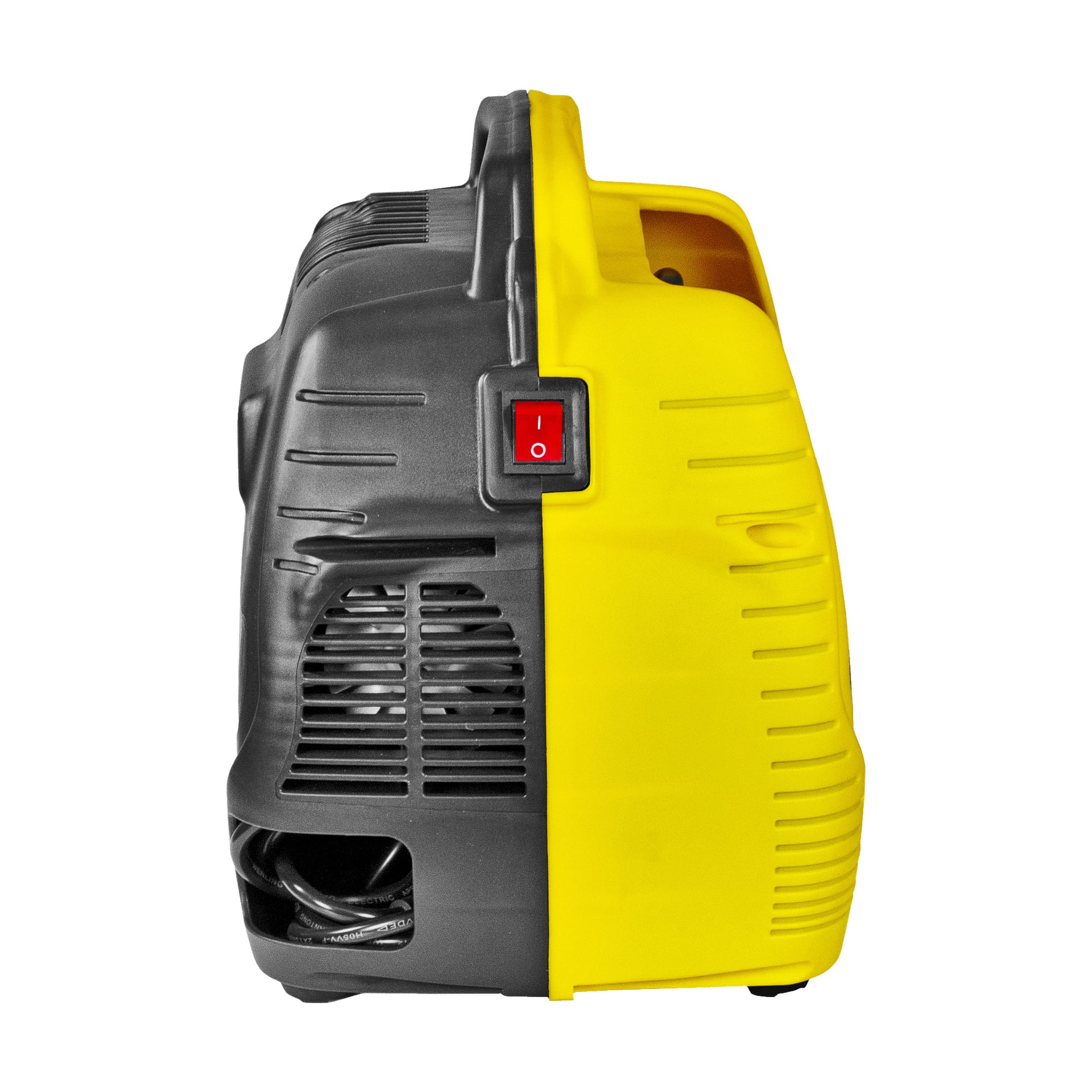 Widok boczny zestawu Stanley Compressor Air Kit z czarną lewą połową i żółtą prawą połową. Na boku znajduje się czerwony włącznik zasilania, a w lewej dolnej części znajdują się otwory wentylacyjne wraz z kablem.
