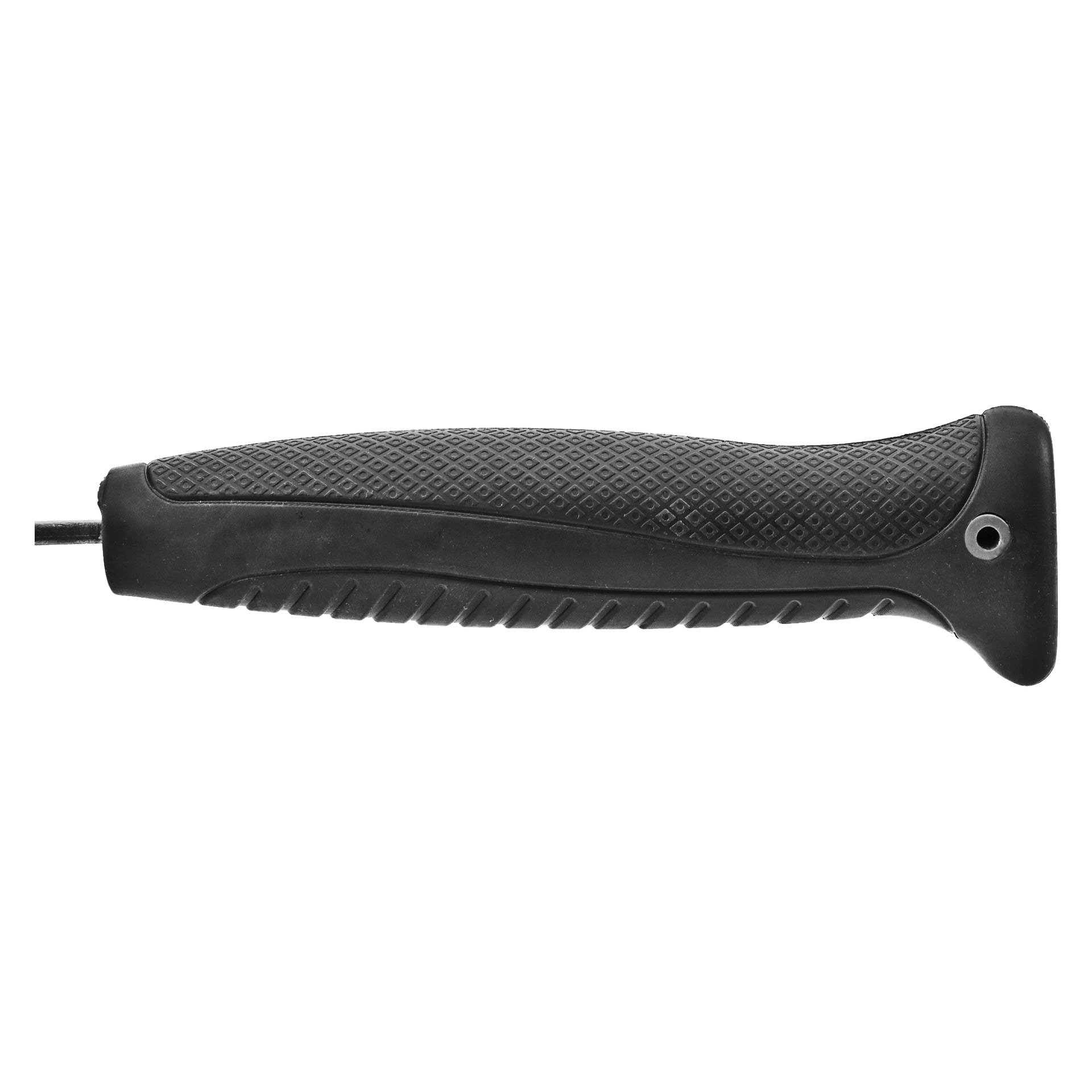 En detaljerad vy av det svarta, texturerade handtaget på Meec Tools Carpenters hammare, som visar dess diamantmönstrade grepp och ett hål i änden utformat för enkel upphängning eller förvaring.