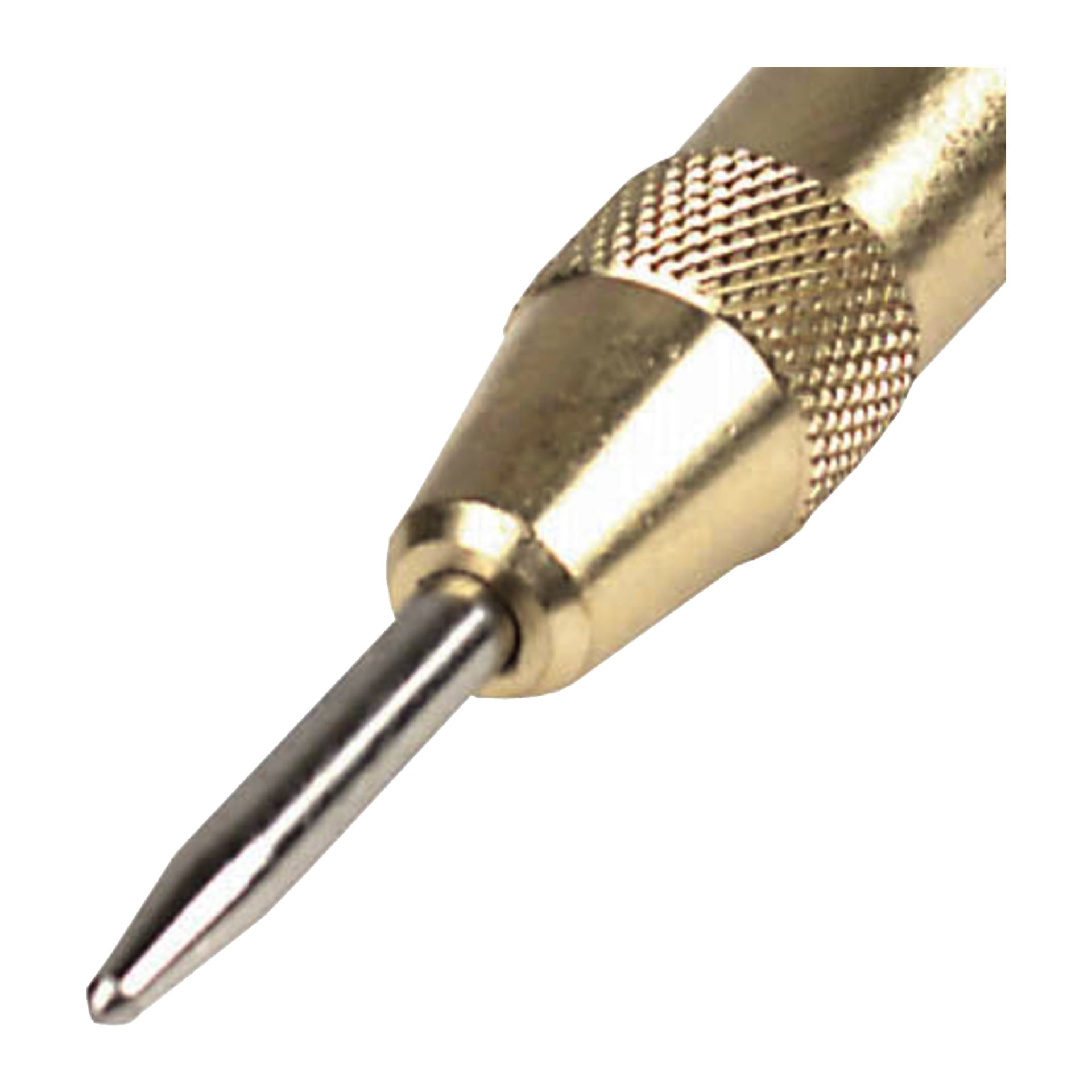 Szczegółowy widok centralnego końcówki Meec Tools Automatic do dziurka, skupiający się na teksturowanym chwytie i ostrym metalowym grocie używanym do tworzenia śladów na materiałach.