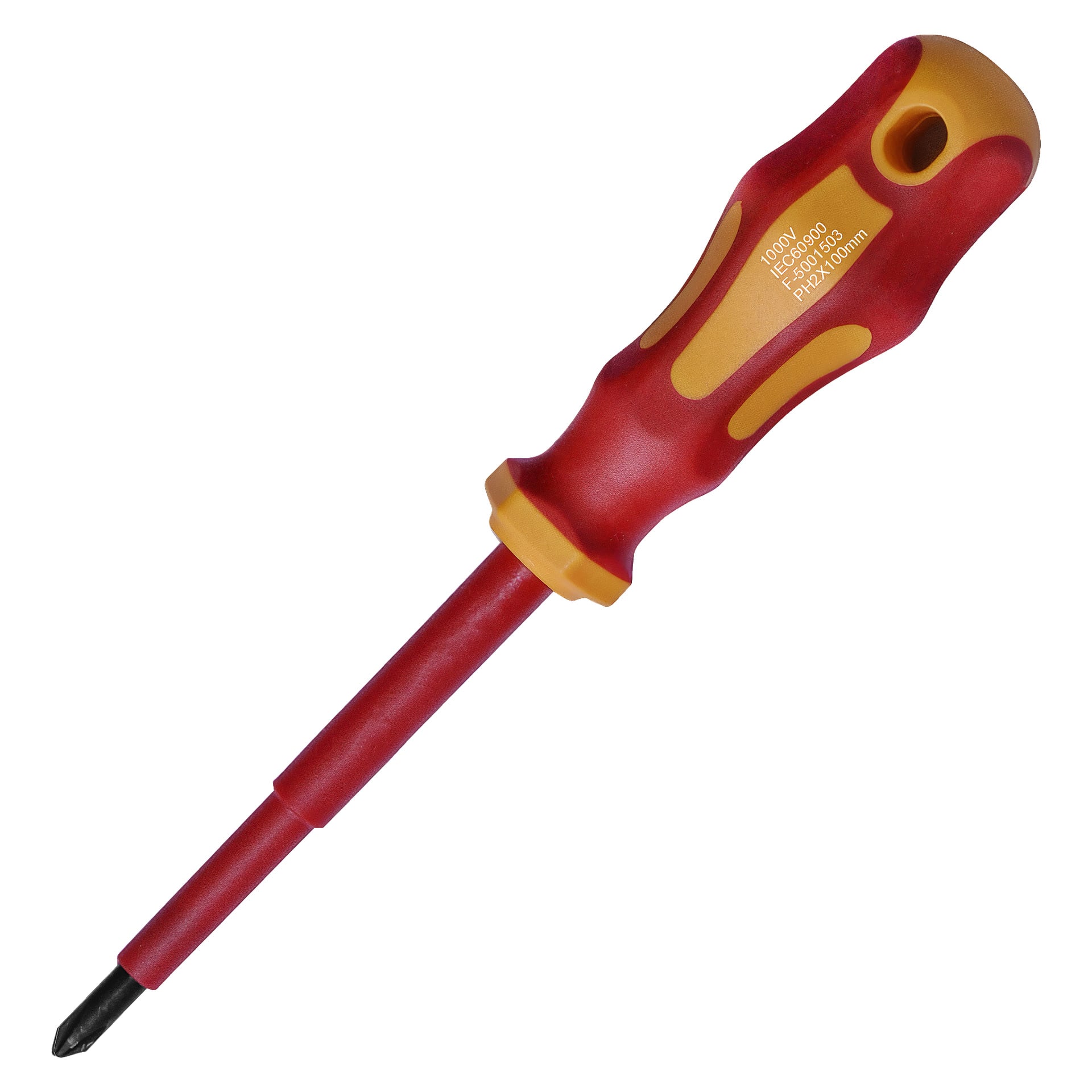 En isolert skrutrekker fra Meec Tools med et rødt og gult ergonomisk håndtak, som viste spesifikasjoner i hvitt skrift, og et svartspiss Phillips-hode beregnet for elektriske oppgaver.