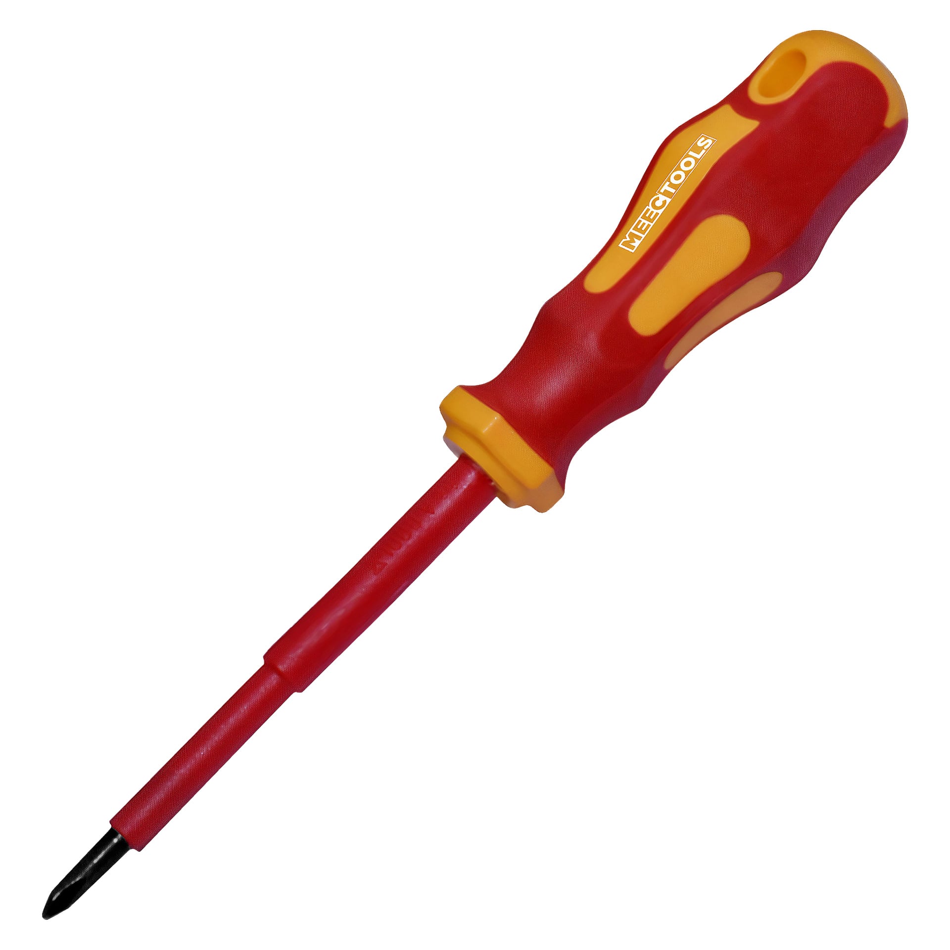 En isolert skrutrekker fra Meec Tools med rødt og gult håndtak, spesielt laget for elektriske oppgaver.