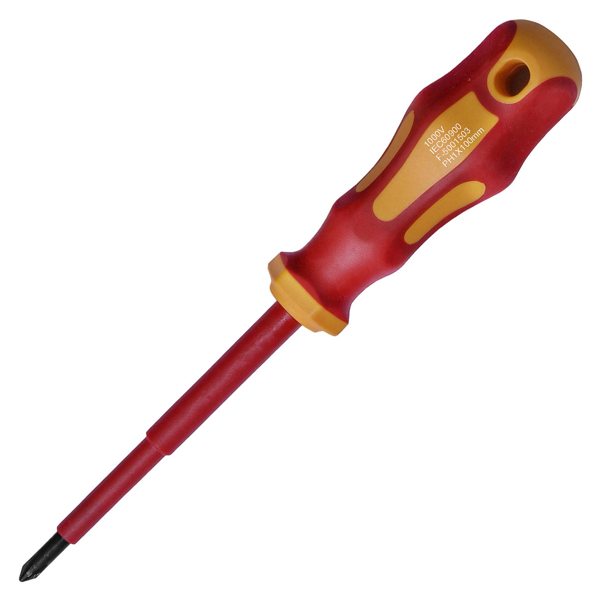 En isolert skrutrekker fra Meec Tools med rødt og gult ergonomisk håndtak, sikkerhetssertifiseringsmerker, et svart spiss blad, og spesielt designet for elektriske oppgaver.