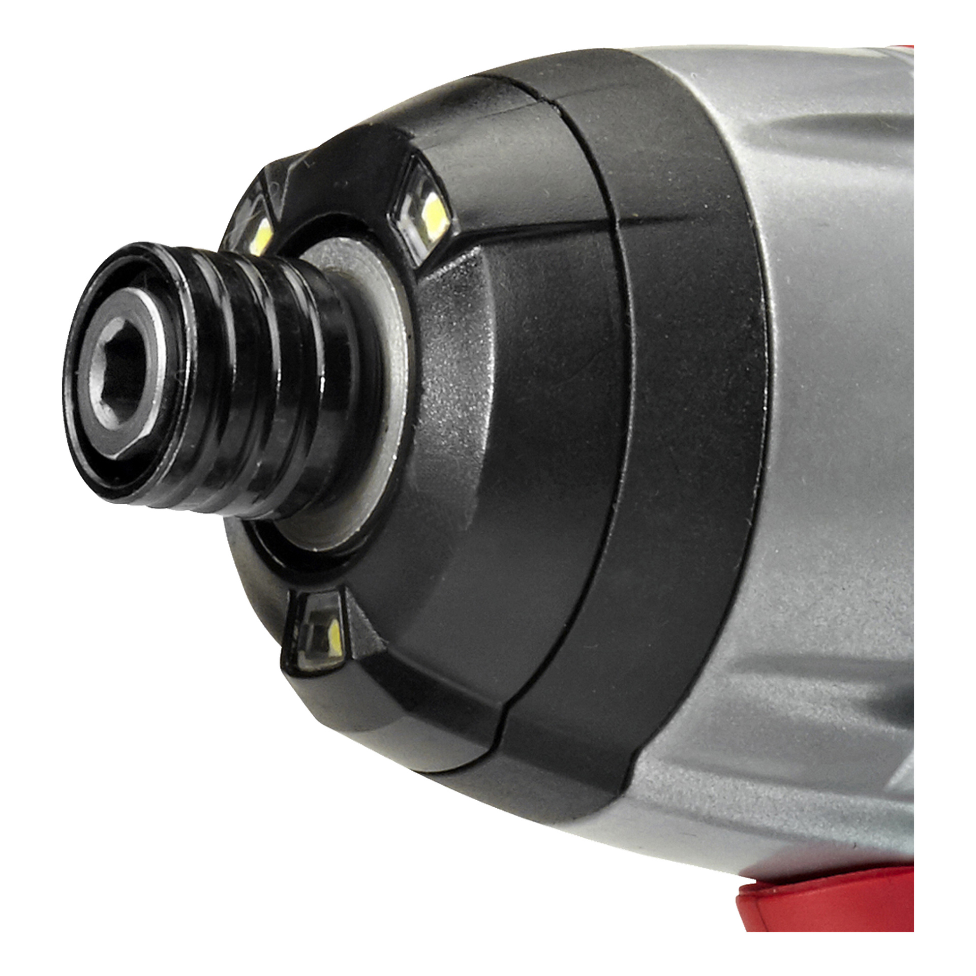Detaljerad vy av framsidan av Meec Tools Multiseries Impact driver ID-18V HOME 500, med fokus på chucken och tre integrerade LED-lampor runt den. Verktygets sladdlösa hus har en metallisk silver- och svartfinish.