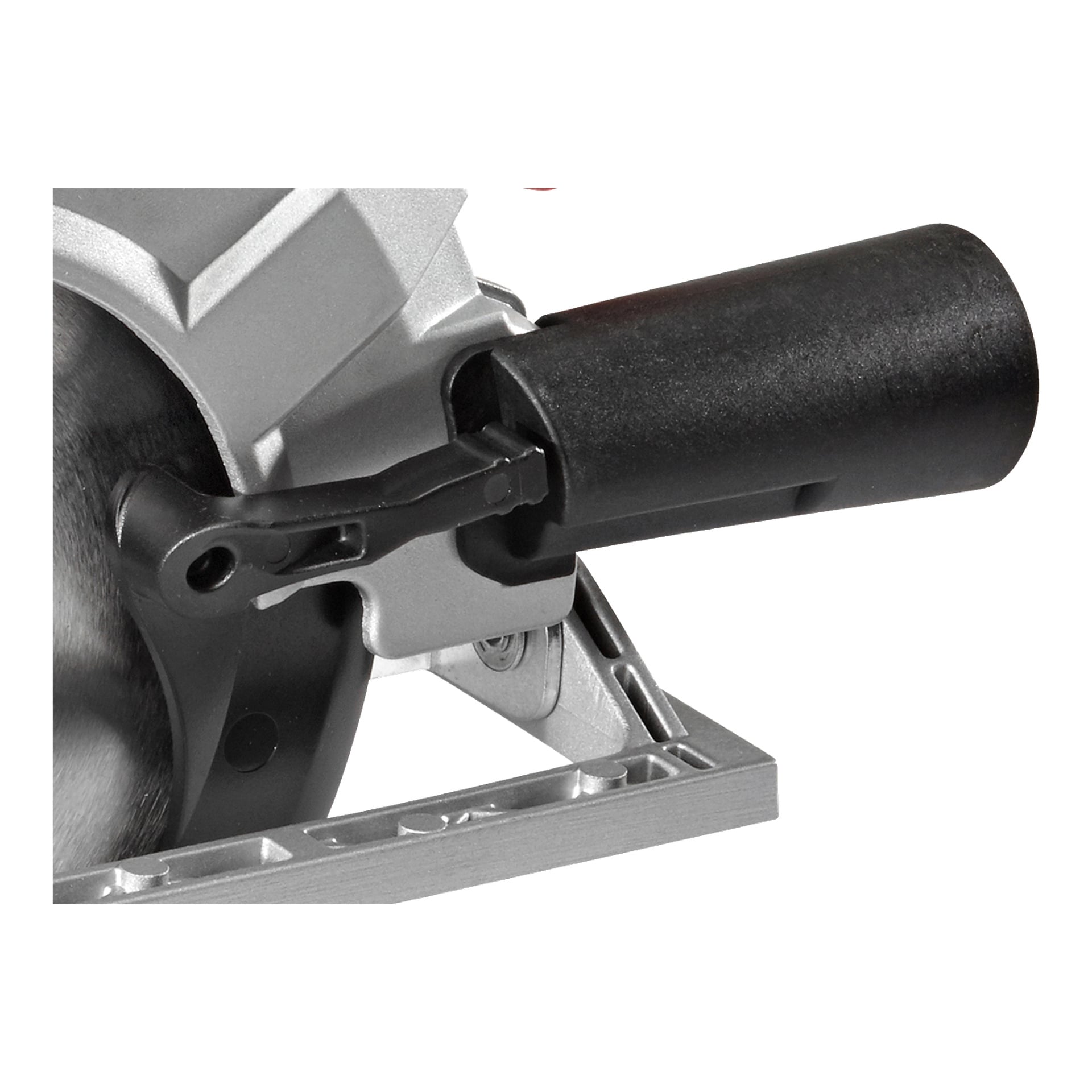 Detaljert bilde av Meec Tools Multiseries Circular saw CI-18V HOME 500, som viser håndtaket, bladbeskytteren, justeringsspaken og metallbunnplaten med etiketten Meec Tools Multiseries.